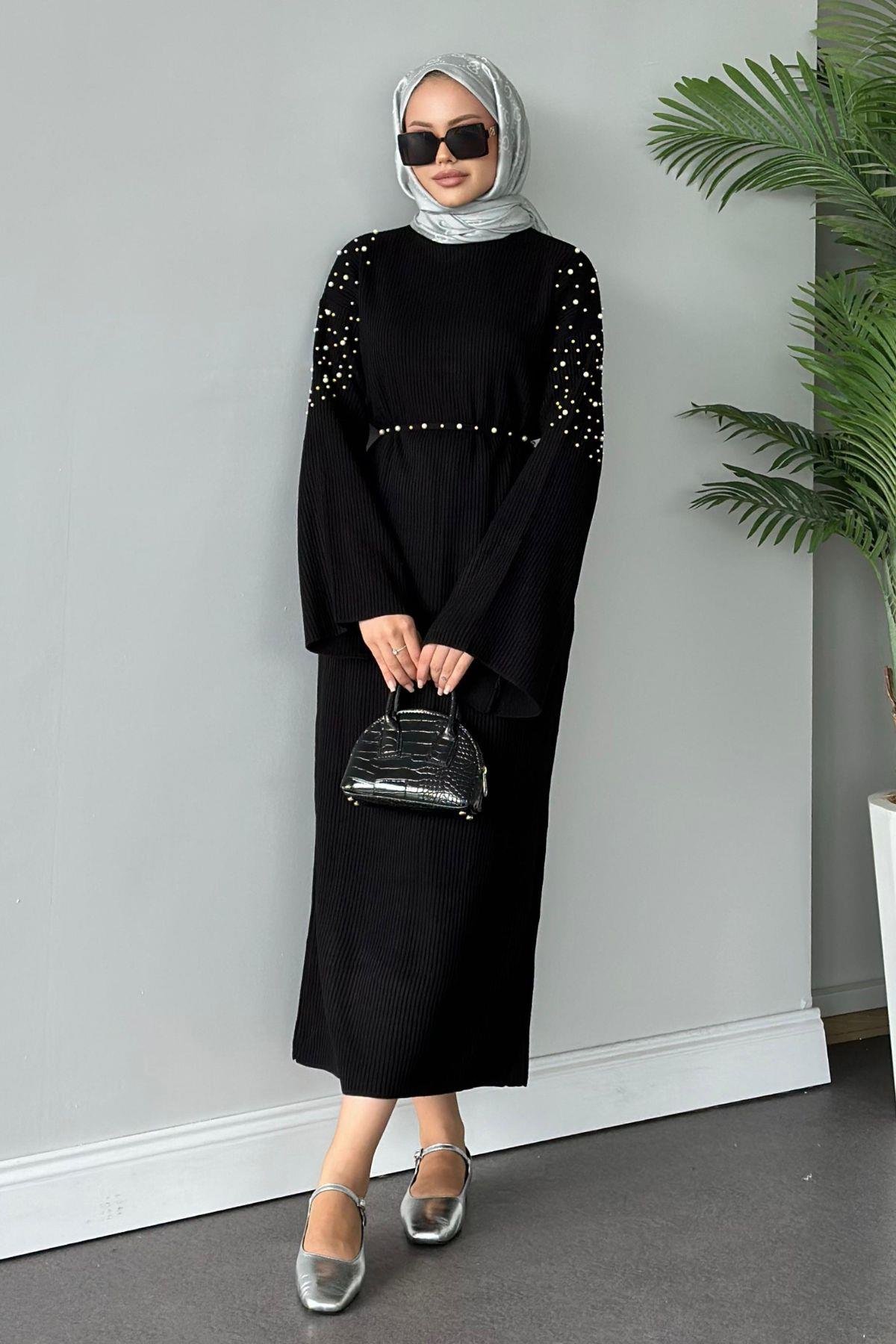 Omuzu İncili Triko Elbise Siyah, Fiyatları 