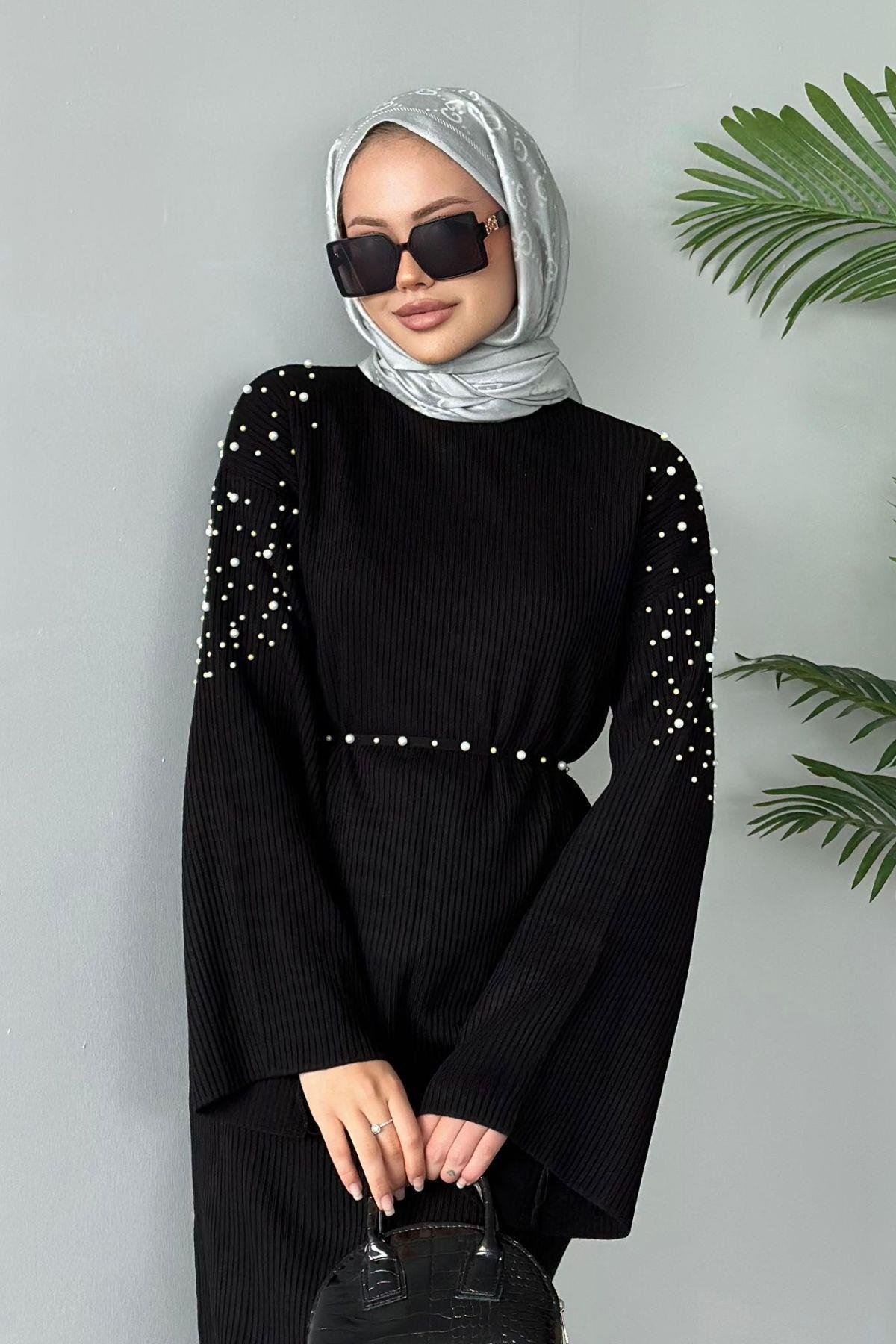 Omuzu İncili Triko Elbise Siyah, Fiyatları 