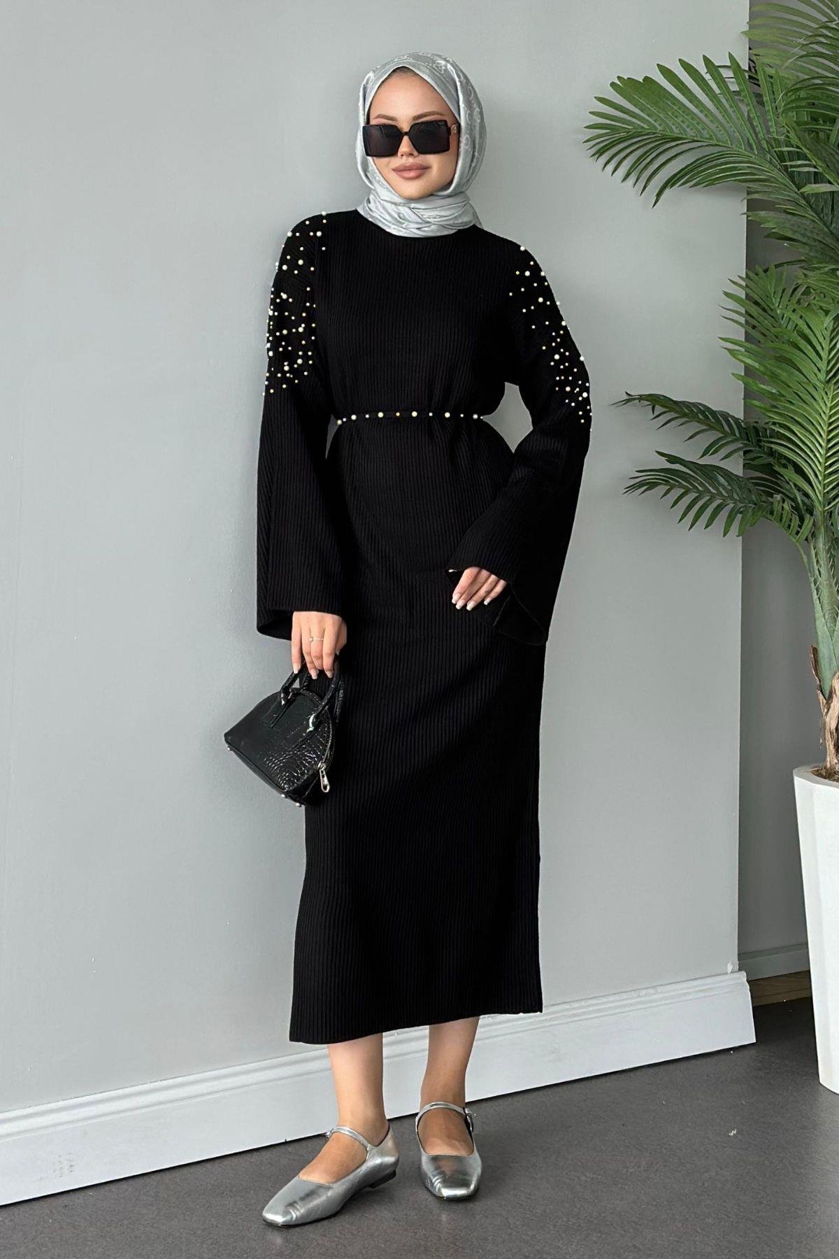 Omuzu İncili Triko Elbise Siyah, Fiyatları 