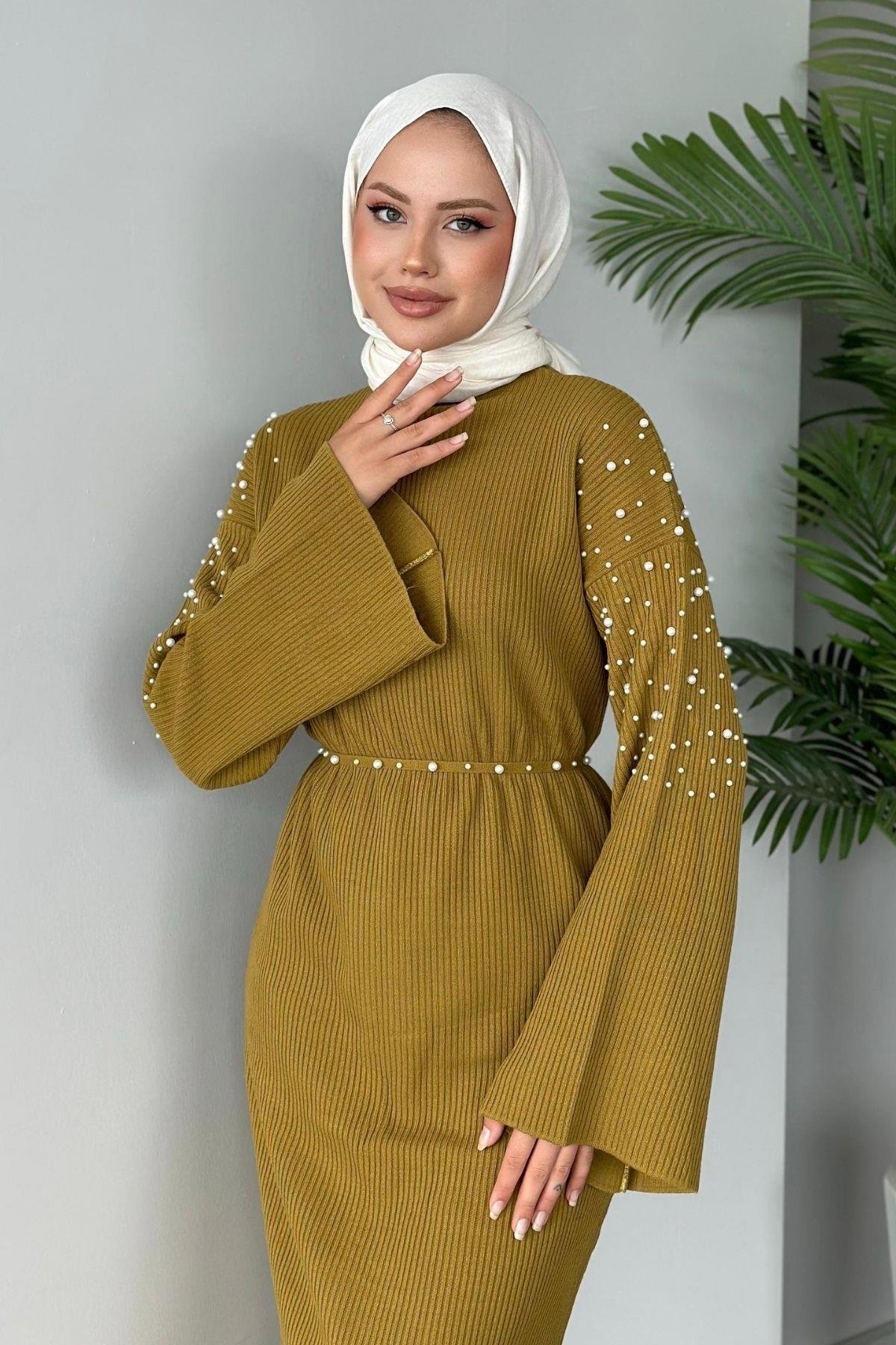 Omuzu İncili Triko Elbise Yağyeşili, Fiyatları 