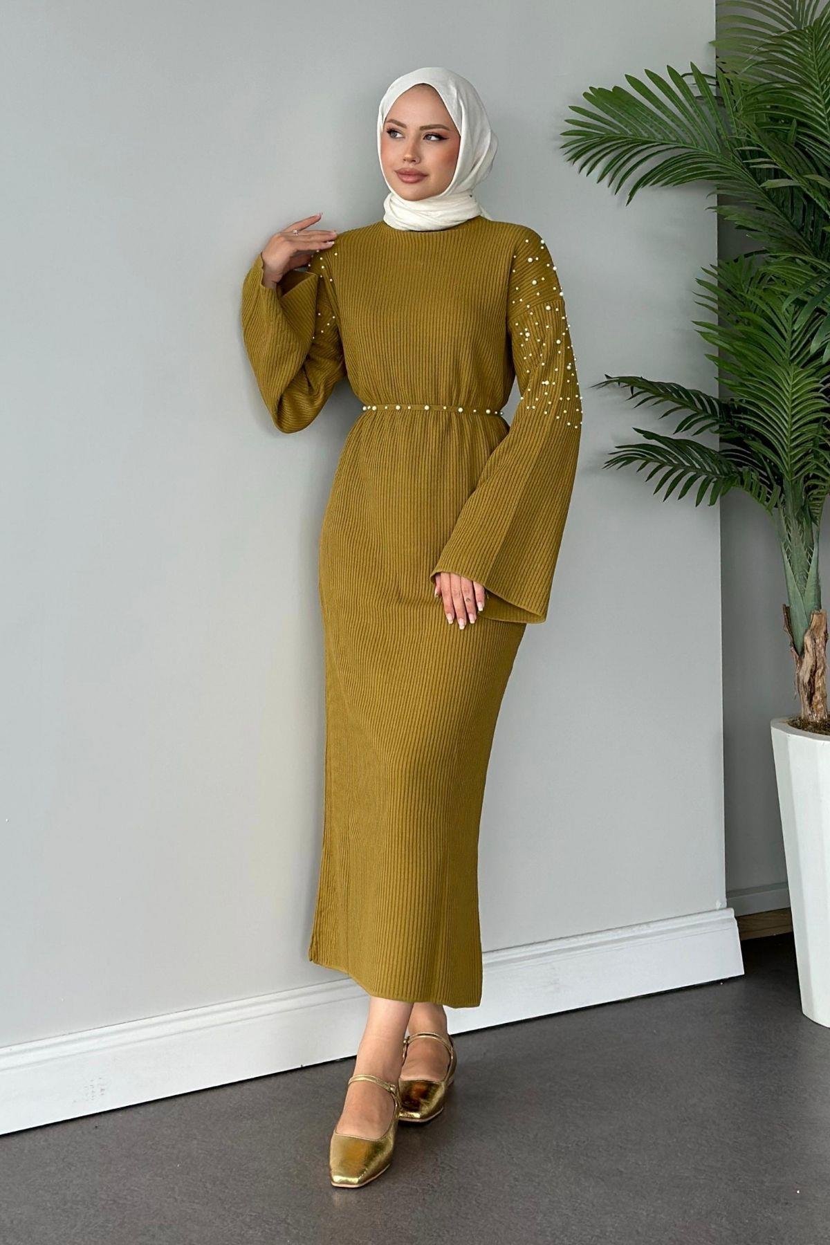 Omuzu İncili Triko Elbise Yağyeşili, Fiyatları 