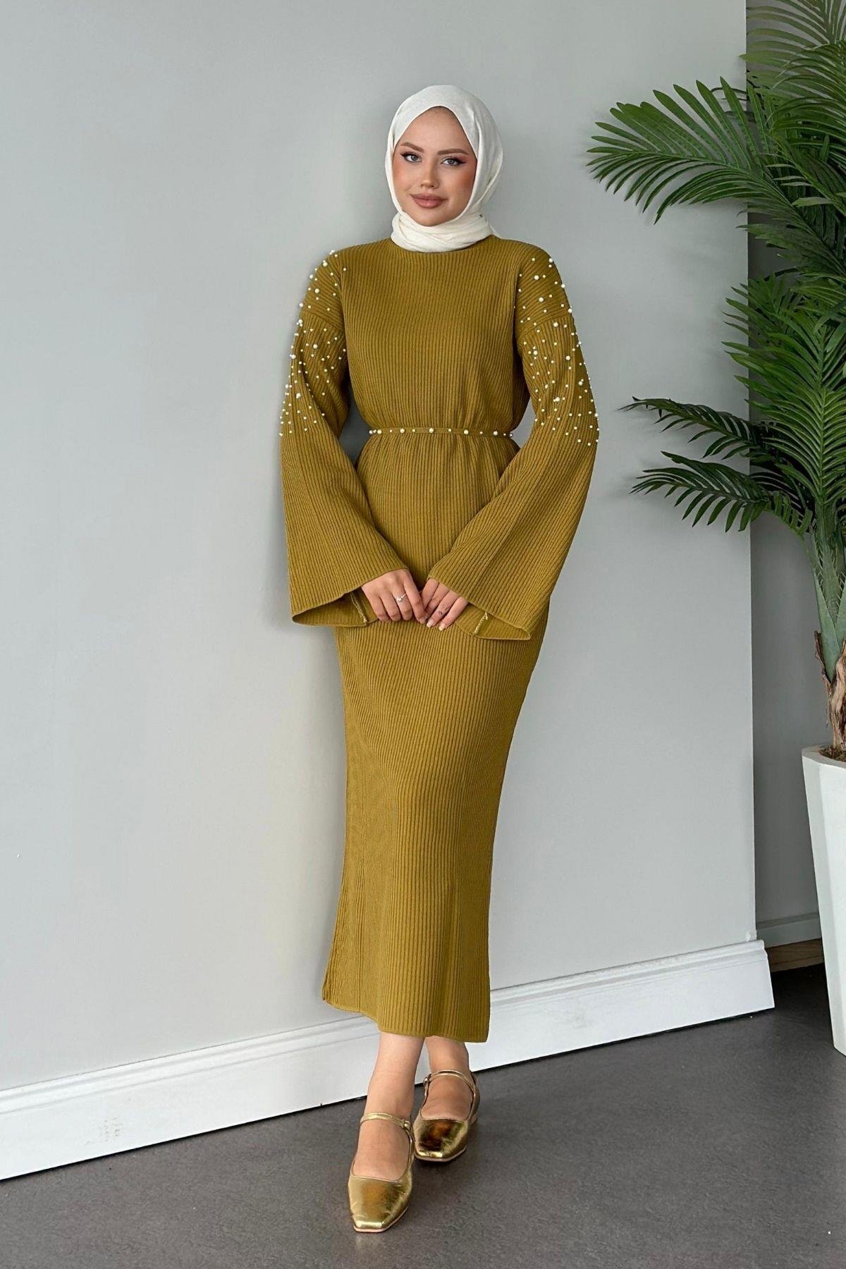 Omuzu İncili Triko Elbise Yağyeşili, Fiyatları 