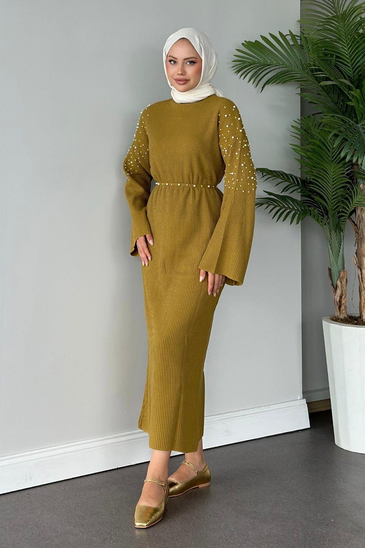 Omuzu İncili Triko Elbise Yağyeşili, Fiyatları 