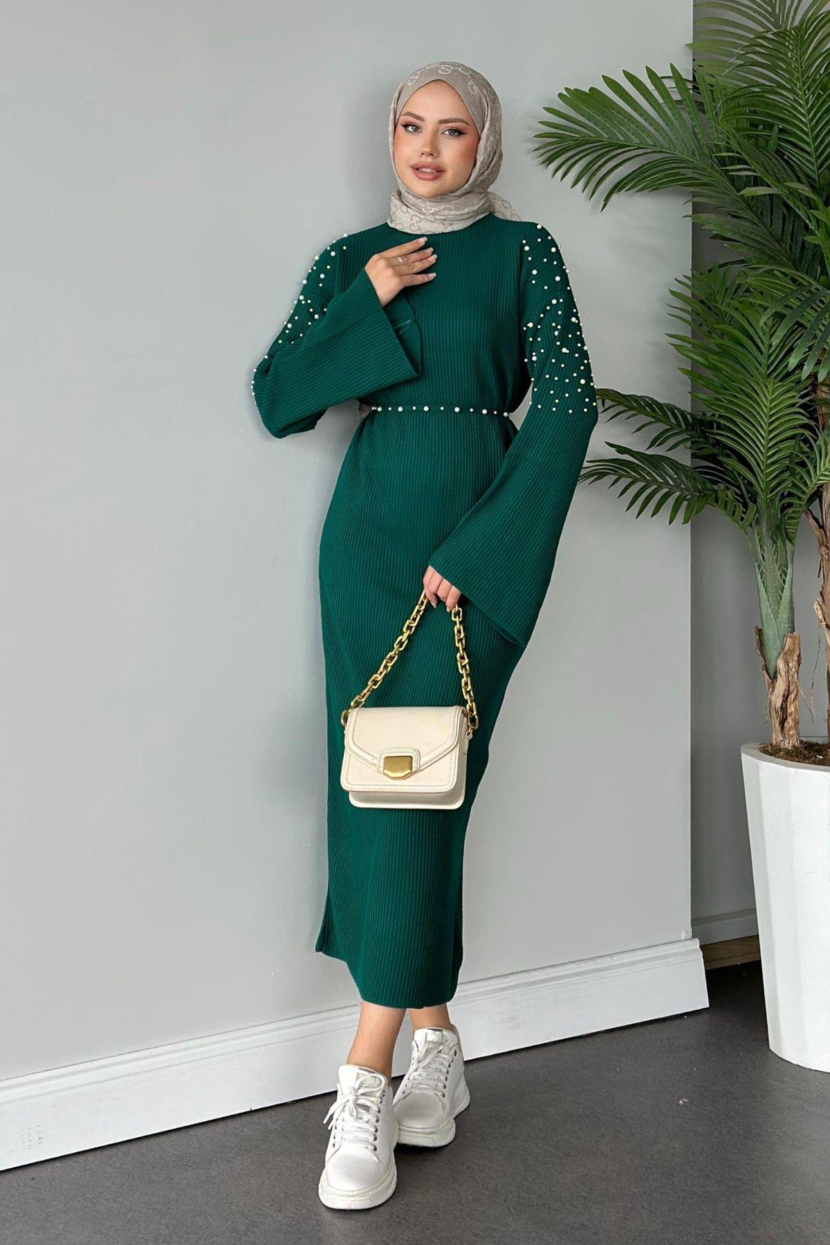 Omuzu İncili Triko Elbise Yeşil, Fiyatları 