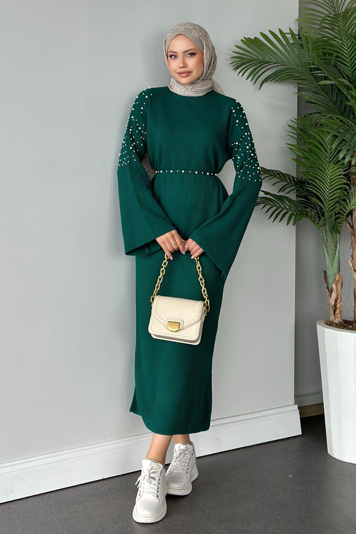 Omuzu İncili Triko Elbise Yeşil, Fiyatları 