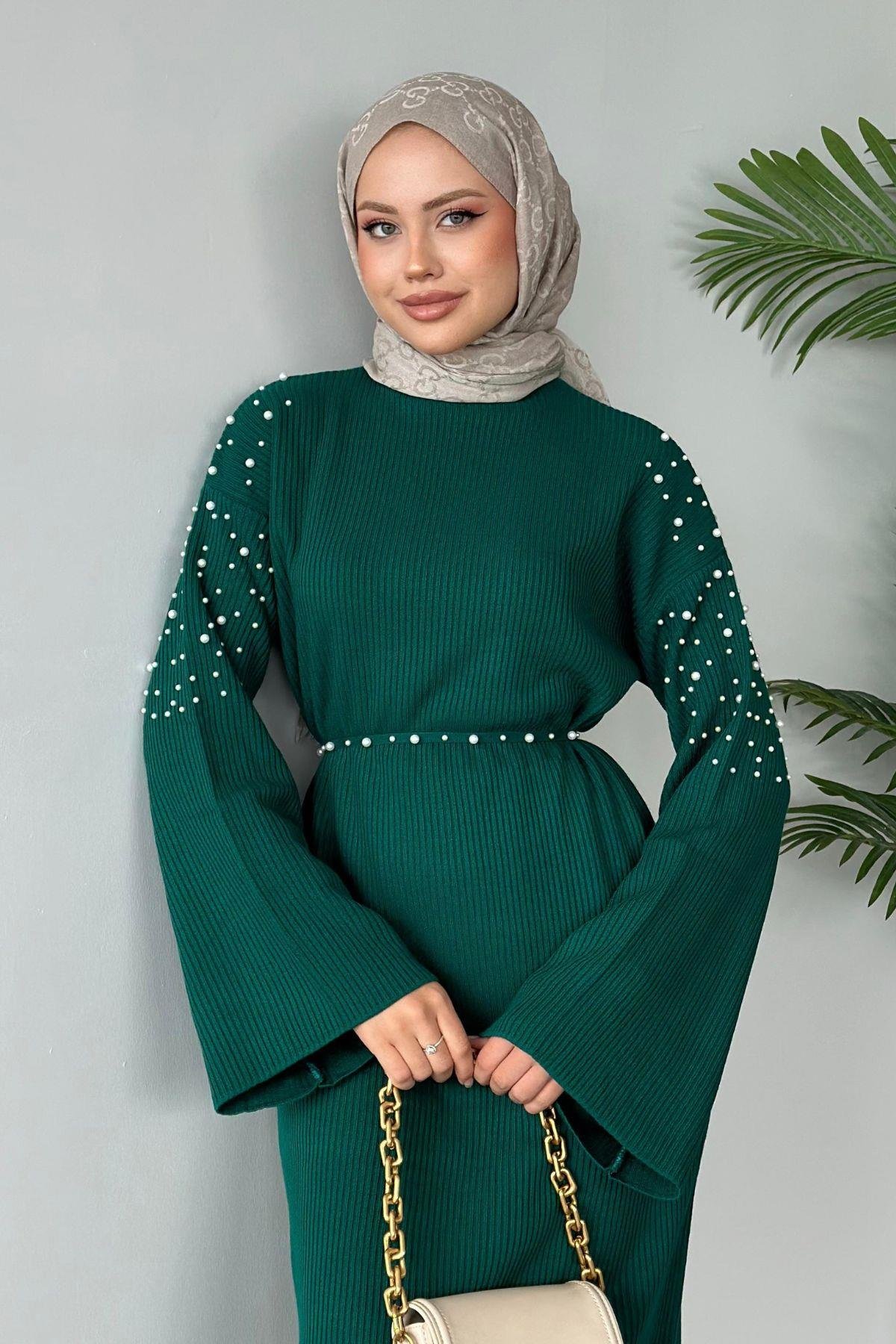 Omuzu İncili Triko Elbise Yeşil, Fiyatları 