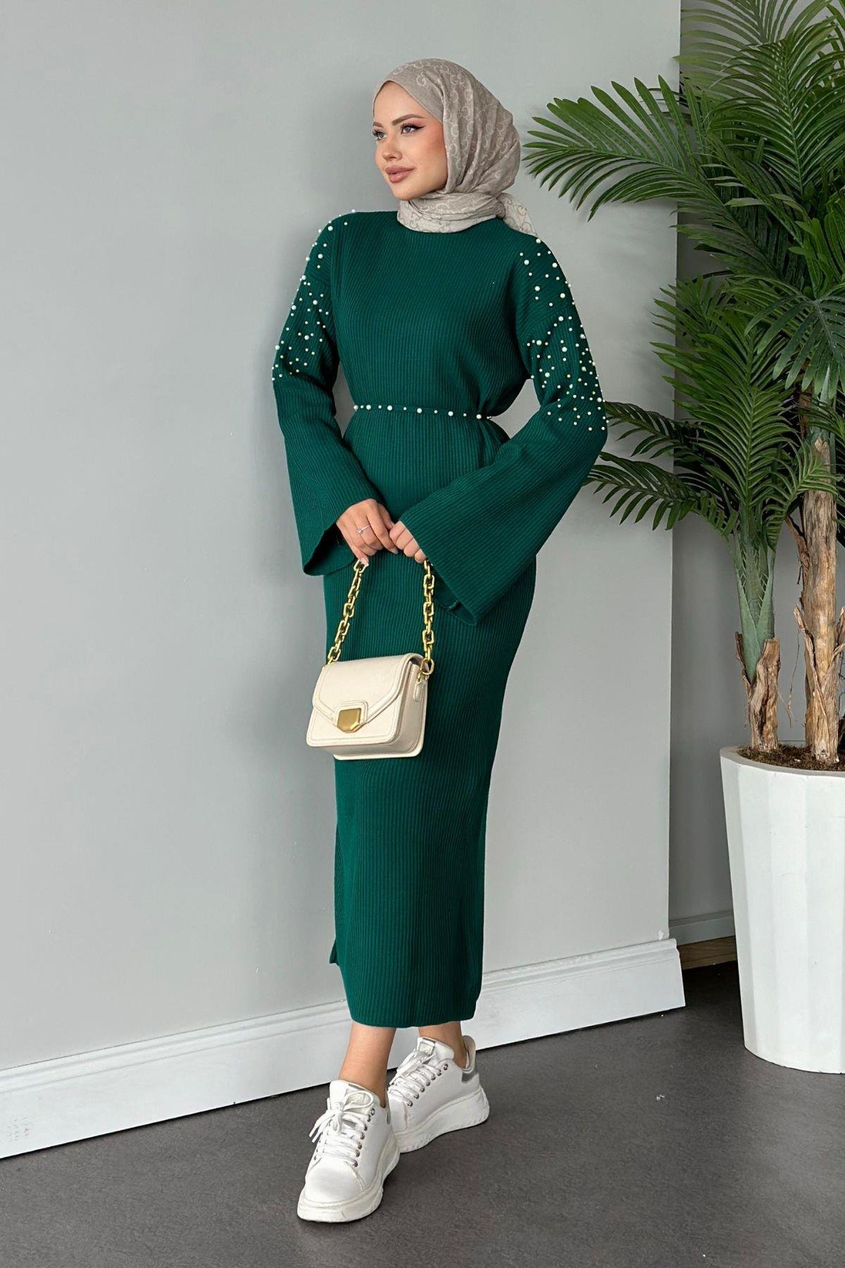 Omuzu İncili Triko Elbise Yeşil, Fiyatları 