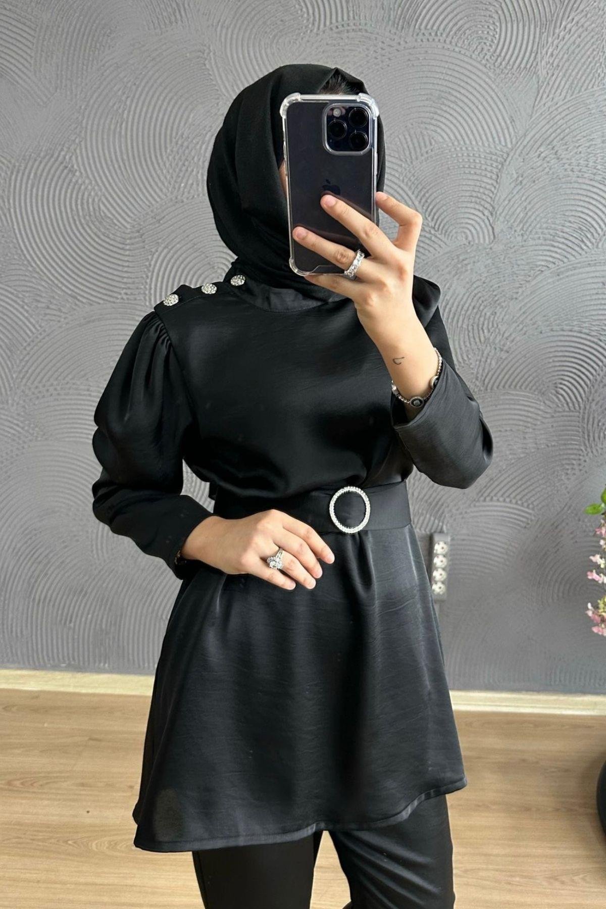 Omuzu Taşlı Saten Takım SİYAH, Fiyatları Milena Takım KAHVE – Haza Moda | Tesettür Giyim