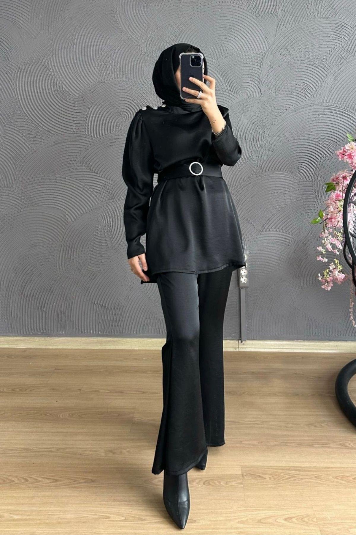 Omuzu Taşlı Saten Takım SİYAH, Fiyatları Milena Takım KAHVE – Haza Moda | Tesettür Giyim