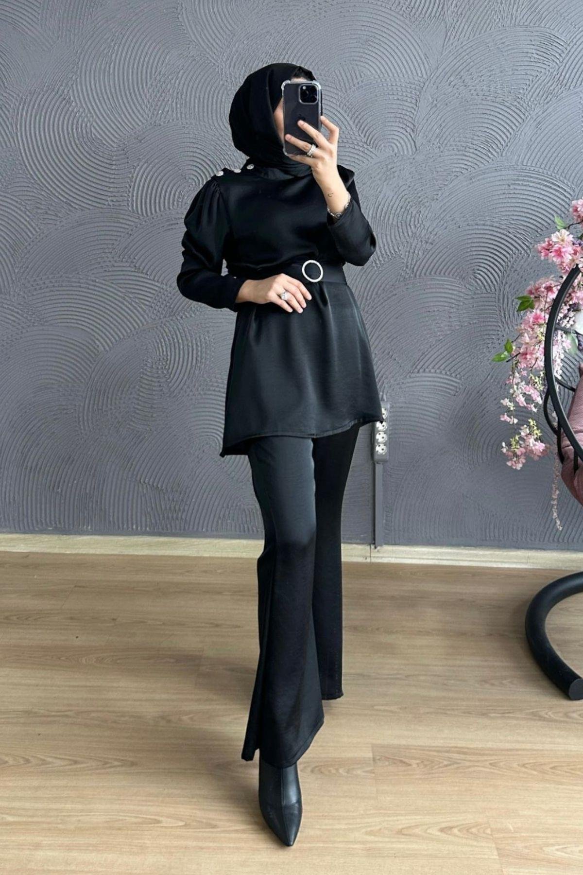 Omuzu Taşlı Saten Takım SİYAH, Fiyatları Milena Takım KAHVE – Haza Moda | Tesettür Giyim