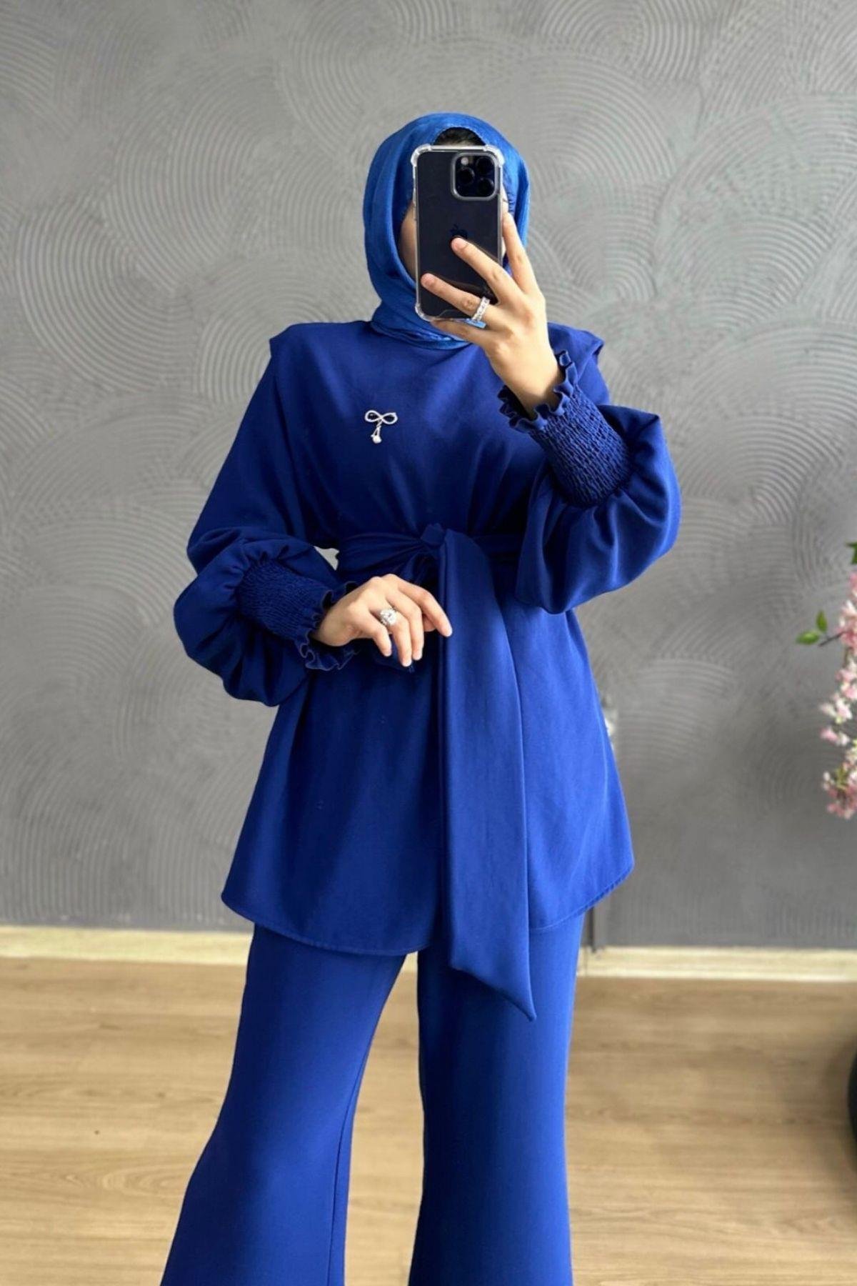 Omzu Vatkalı Takım Saks, Fiyatları Omzu Vatkalı Takım Saks – Haza Moda | Tesettür Giyim