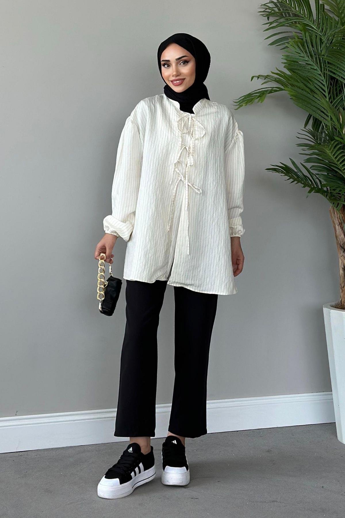 Önden Bağlamalı Çizgili Bluz Ekru, Fiyatları 