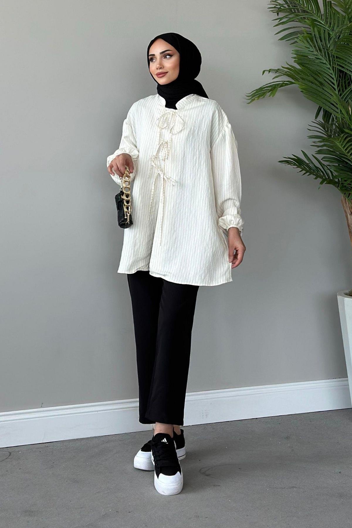 Önden Bağlamalı Çizgili Bluz Ekru, Fiyatları 