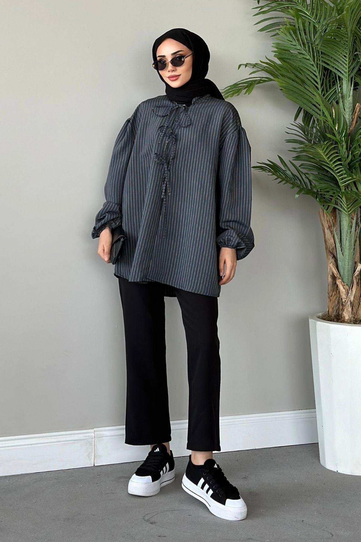 Önden Bağlamalı Çizgili Bluz Gri, Fiyatları 