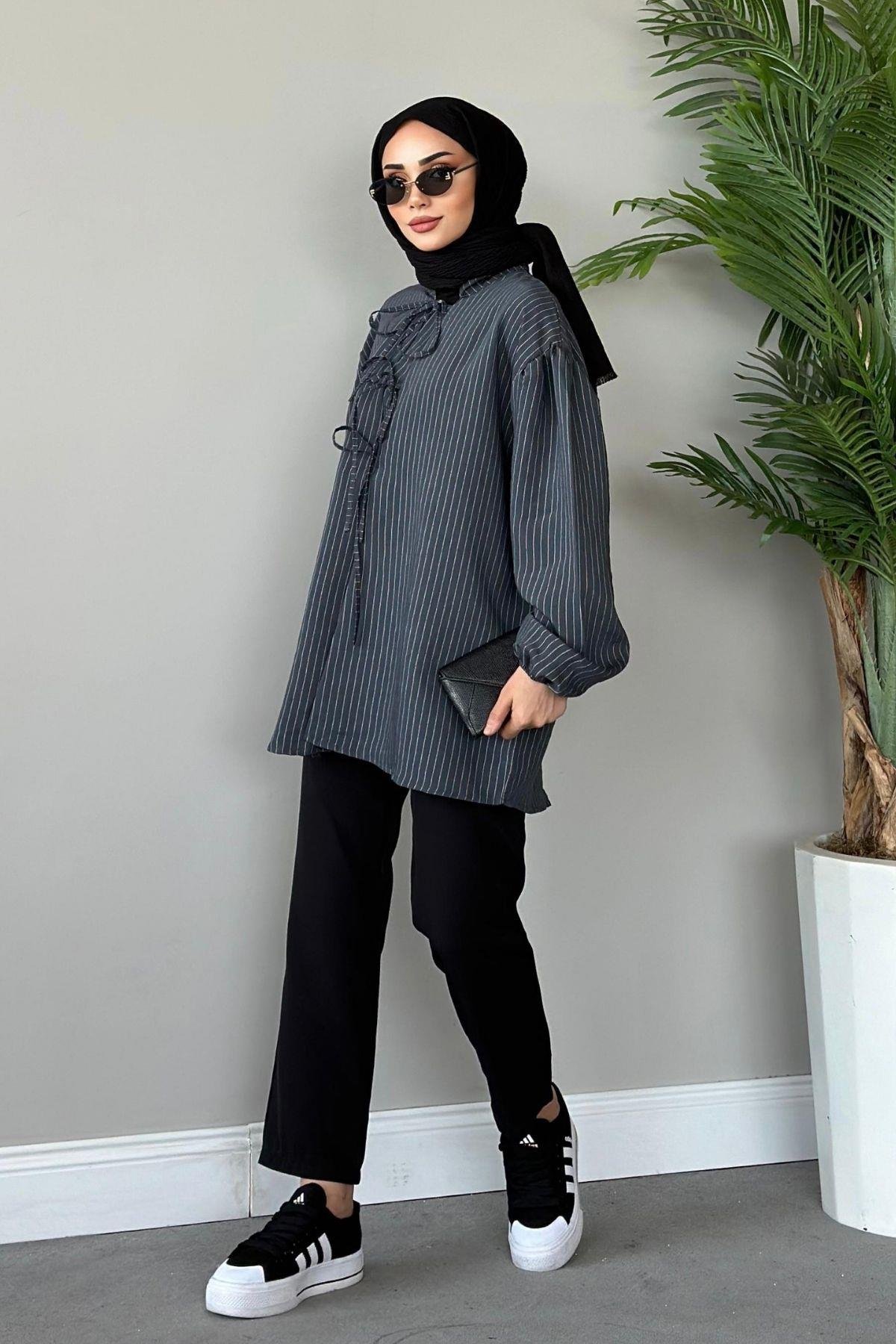 Önden Bağlamalı Çizgili Bluz Gri, Fiyatları 