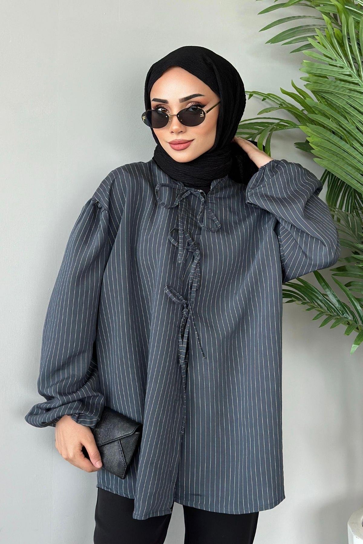 Önden Bağlamalı Çizgili Bluz Gri, Fiyatları 