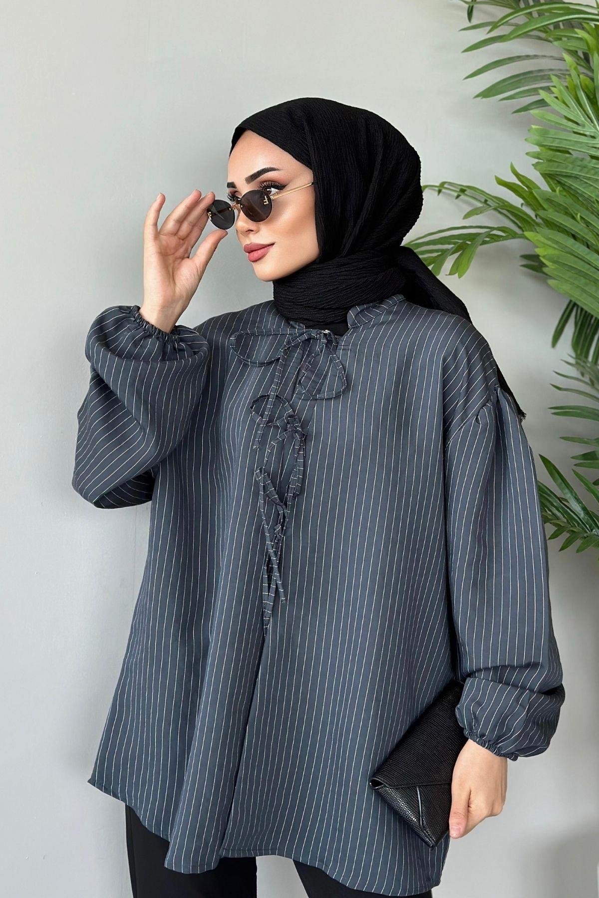 Önden Bağlamalı Çizgili Bluz Gri, Fiyatları 