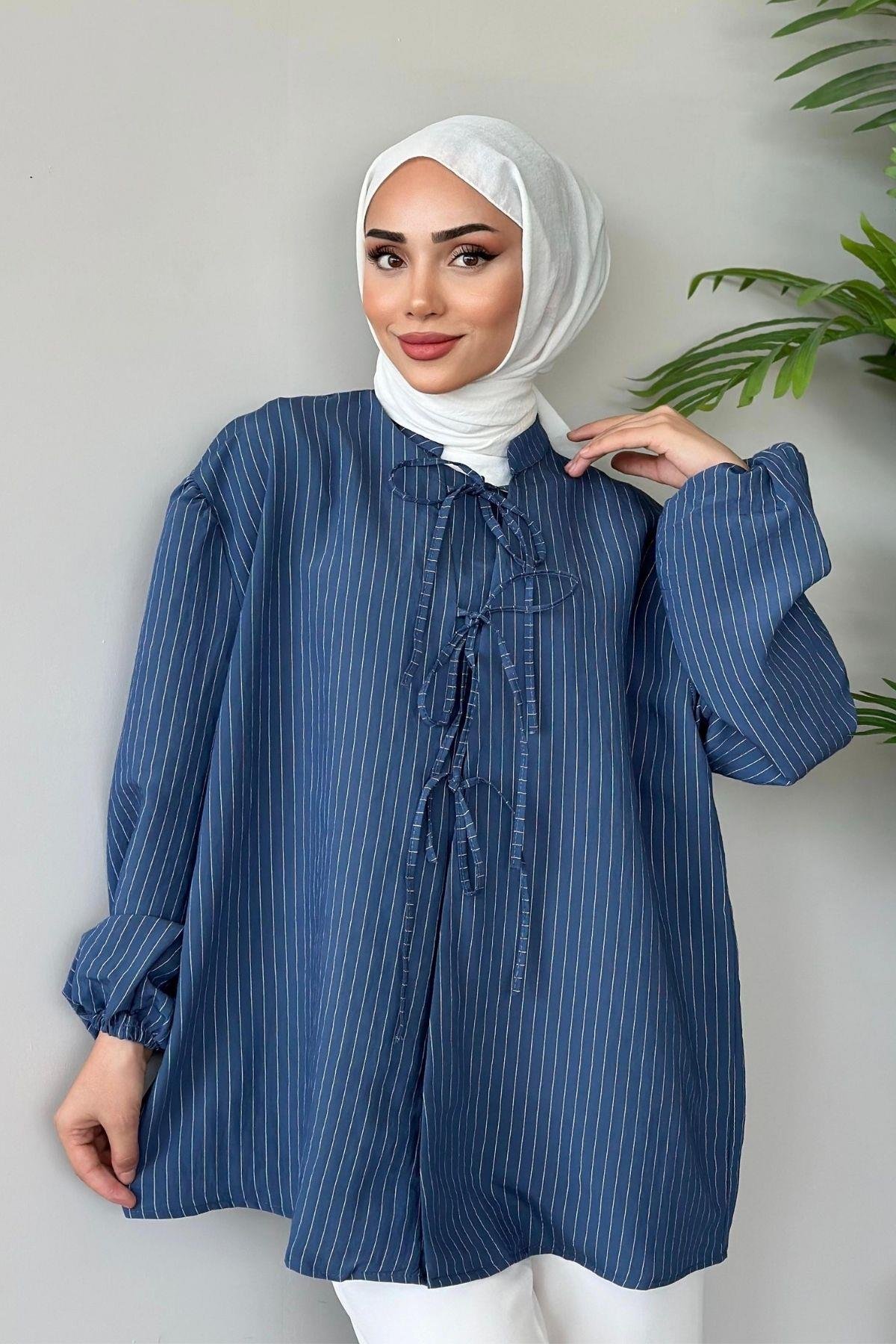 Önden Bağlamalı Çizgili Bluz Mavi, Fiyatları 