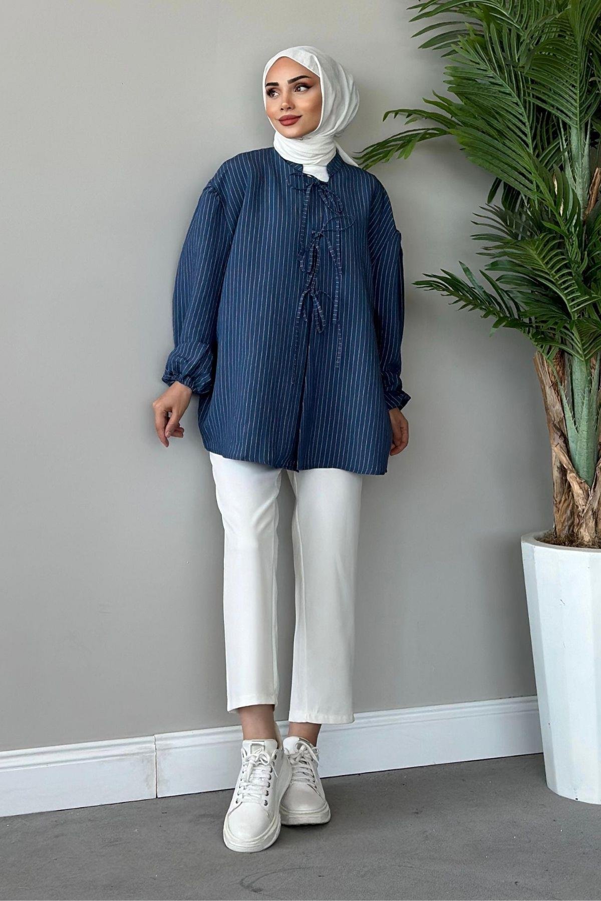 Önden Bağlamalı Çizgili Bluz Mavi, Fiyatları 