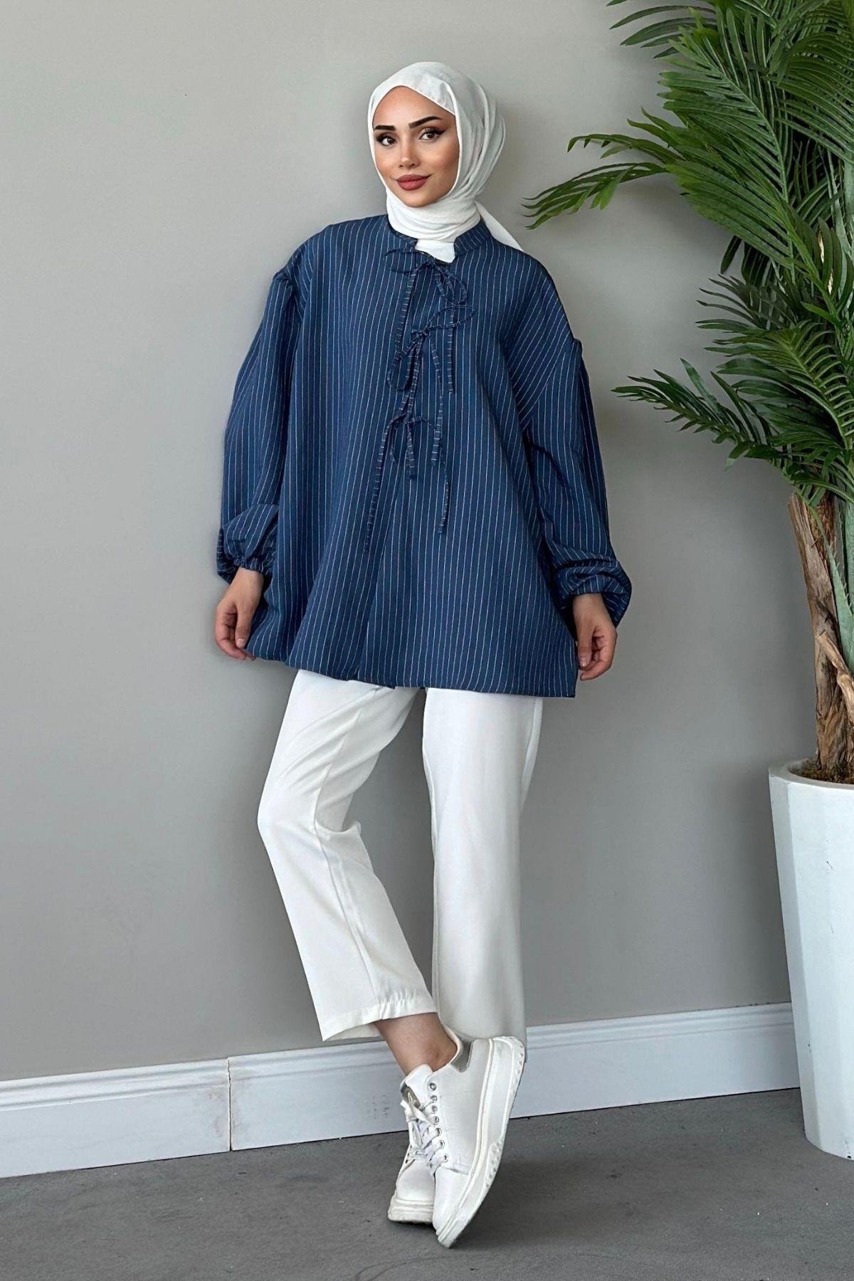 Önden Bağlamalı Çizgili Bluz Mavi, Fiyatları 