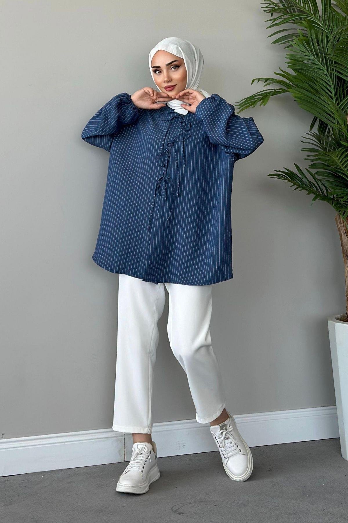 Önden Bağlamalı Çizgili Bluz Mavi, Fiyatları 