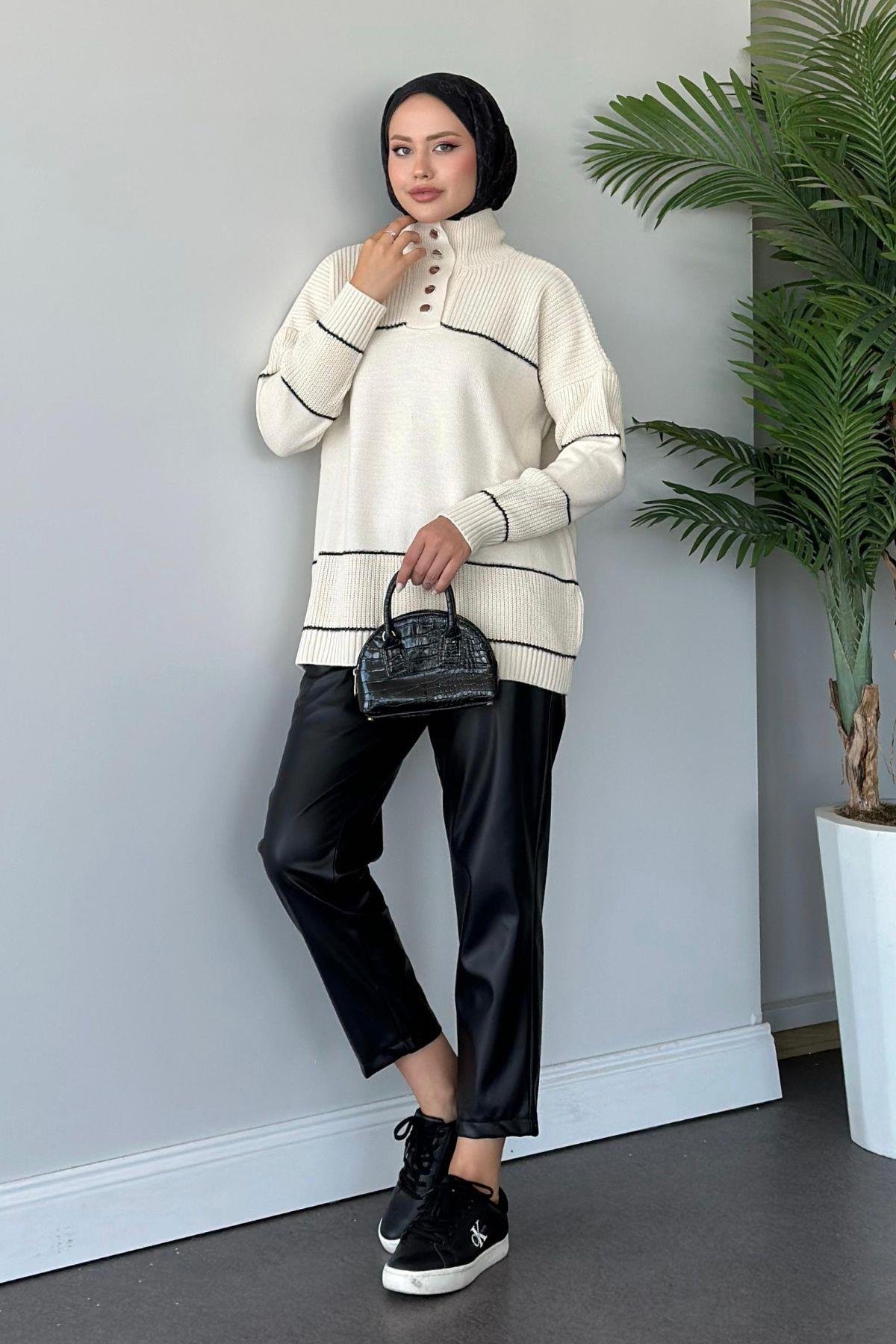 Önden Düğmeli Örme Triko Tunik Ekru, Fiyatları 