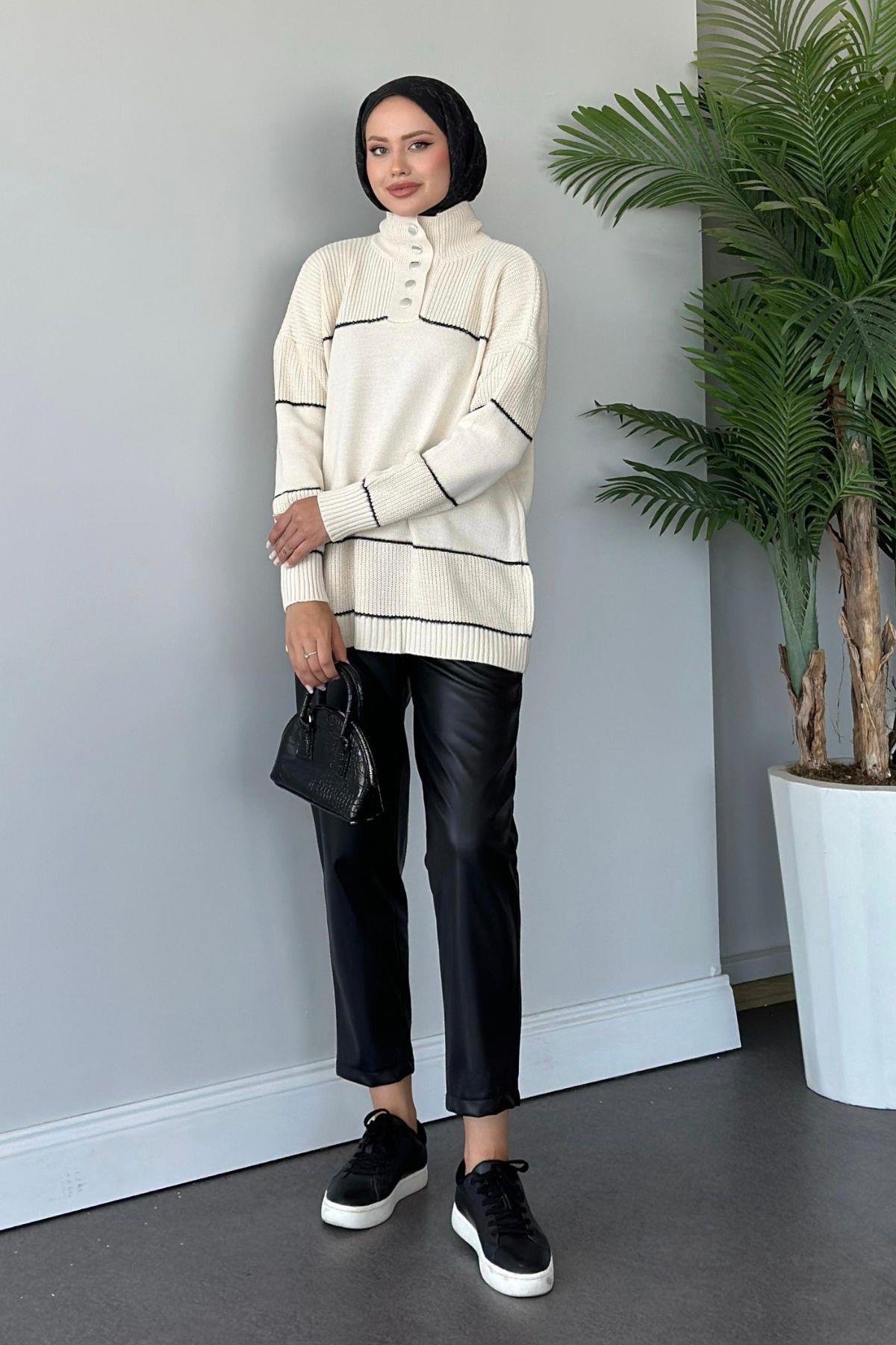 Önden Düğmeli Örme Triko Tunik Ekru, Fiyatları 