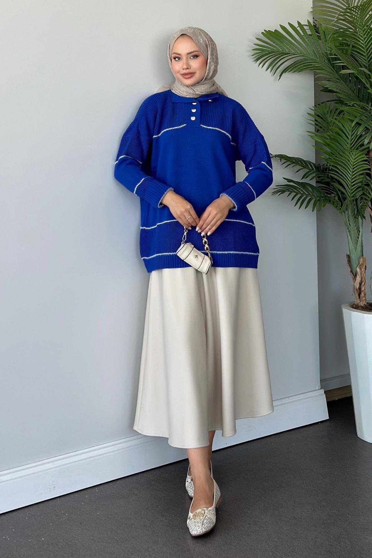 Önden Düğmeli Örme Triko Tunik Saks, Fiyatları 