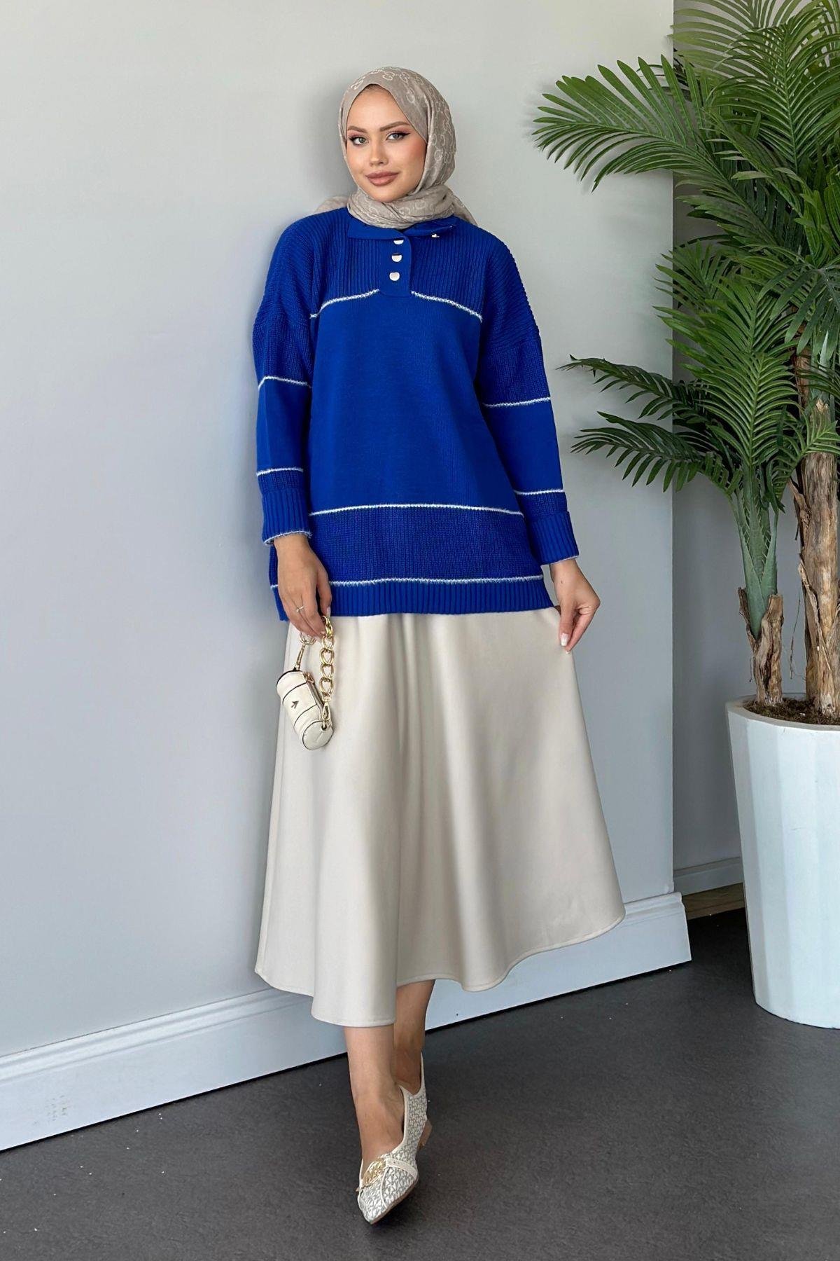 Önden Düğmeli Örme Triko Tunik Saks, Fiyatları 