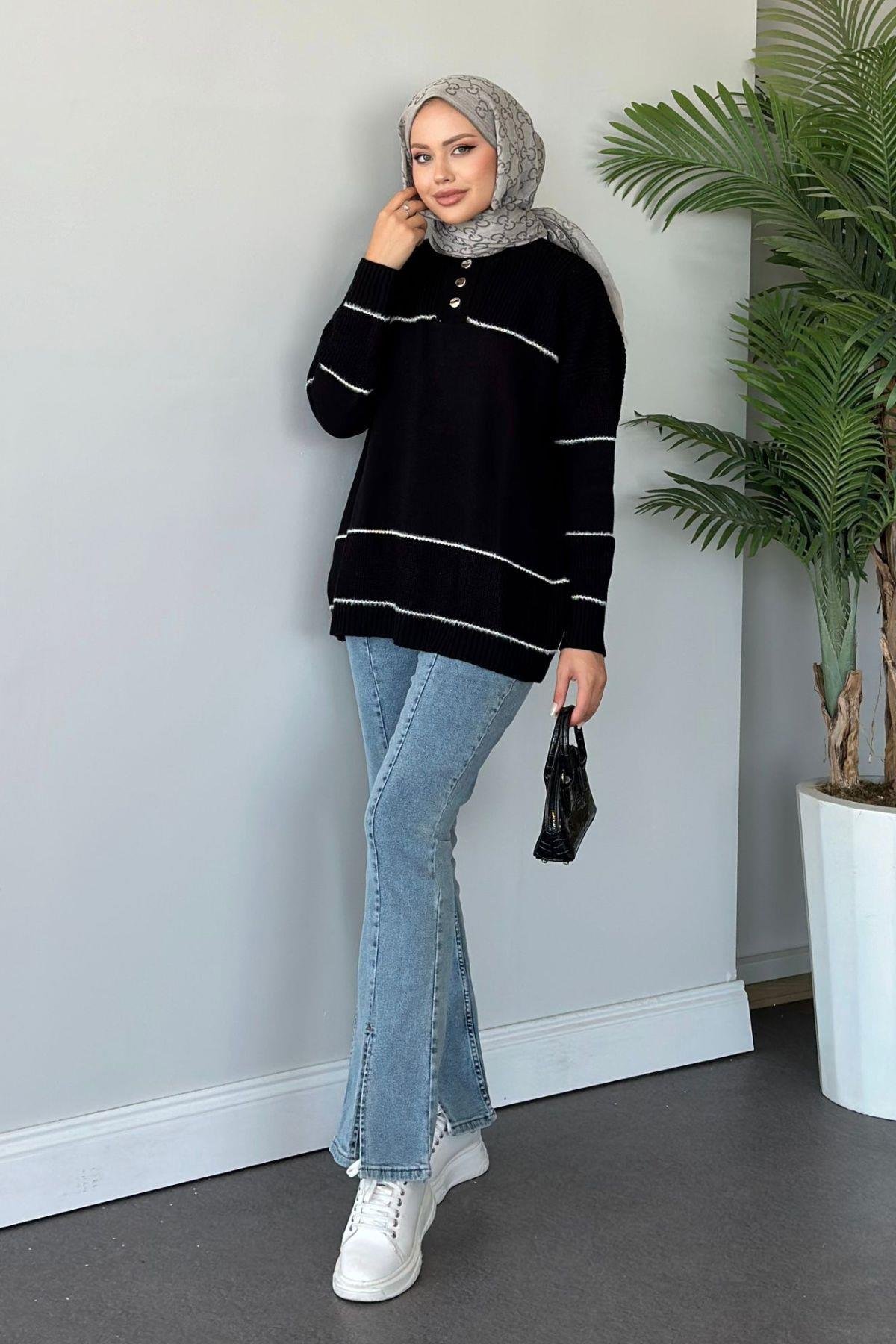 Önden Düğmeli Örme Triko Tunik Siyah, Fiyatları 