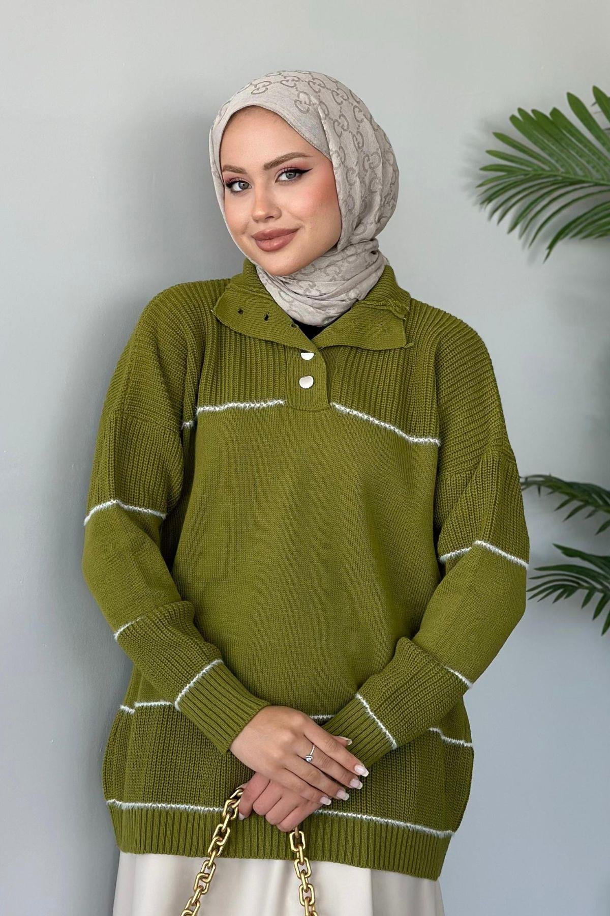 Önden Düğmeli Örme Triko Tunik Yağyeşili, Fiyatları 