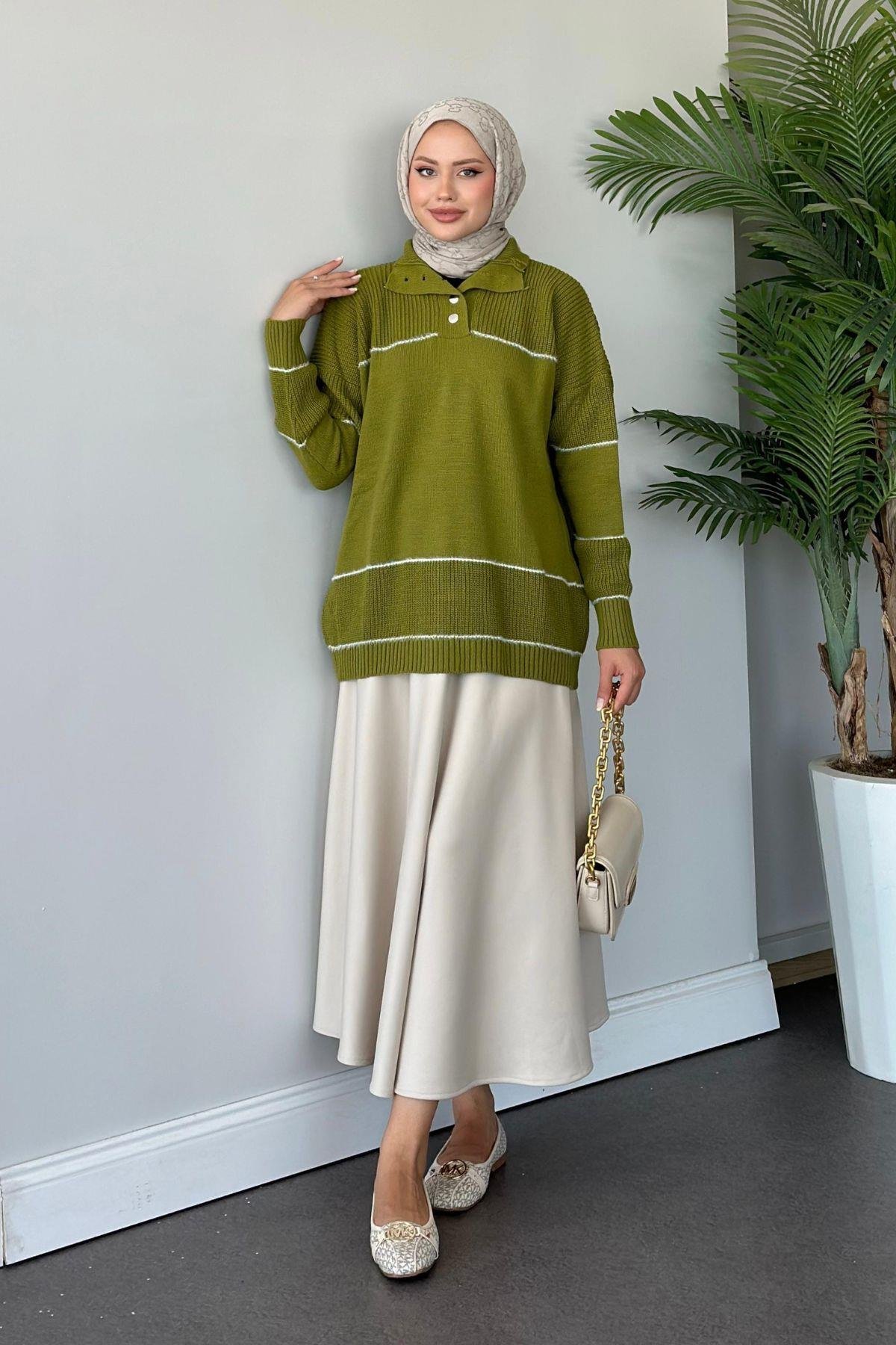 Önden Düğmeli Örme Triko Tunik Yağyeşili, Fiyatları 