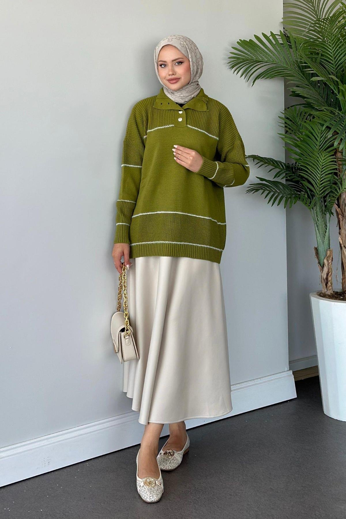 Önden Düğmeli Örme Triko Tunik Yağyeşili, Fiyatları 