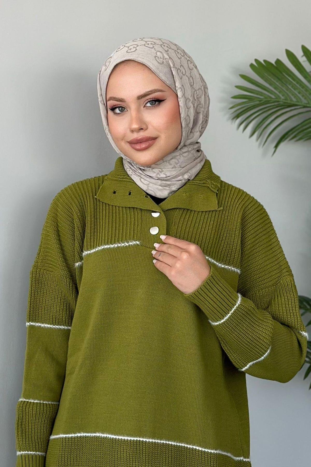 Önden Düğmeli Örme Triko Tunik Yağyeşili, Fiyatları 