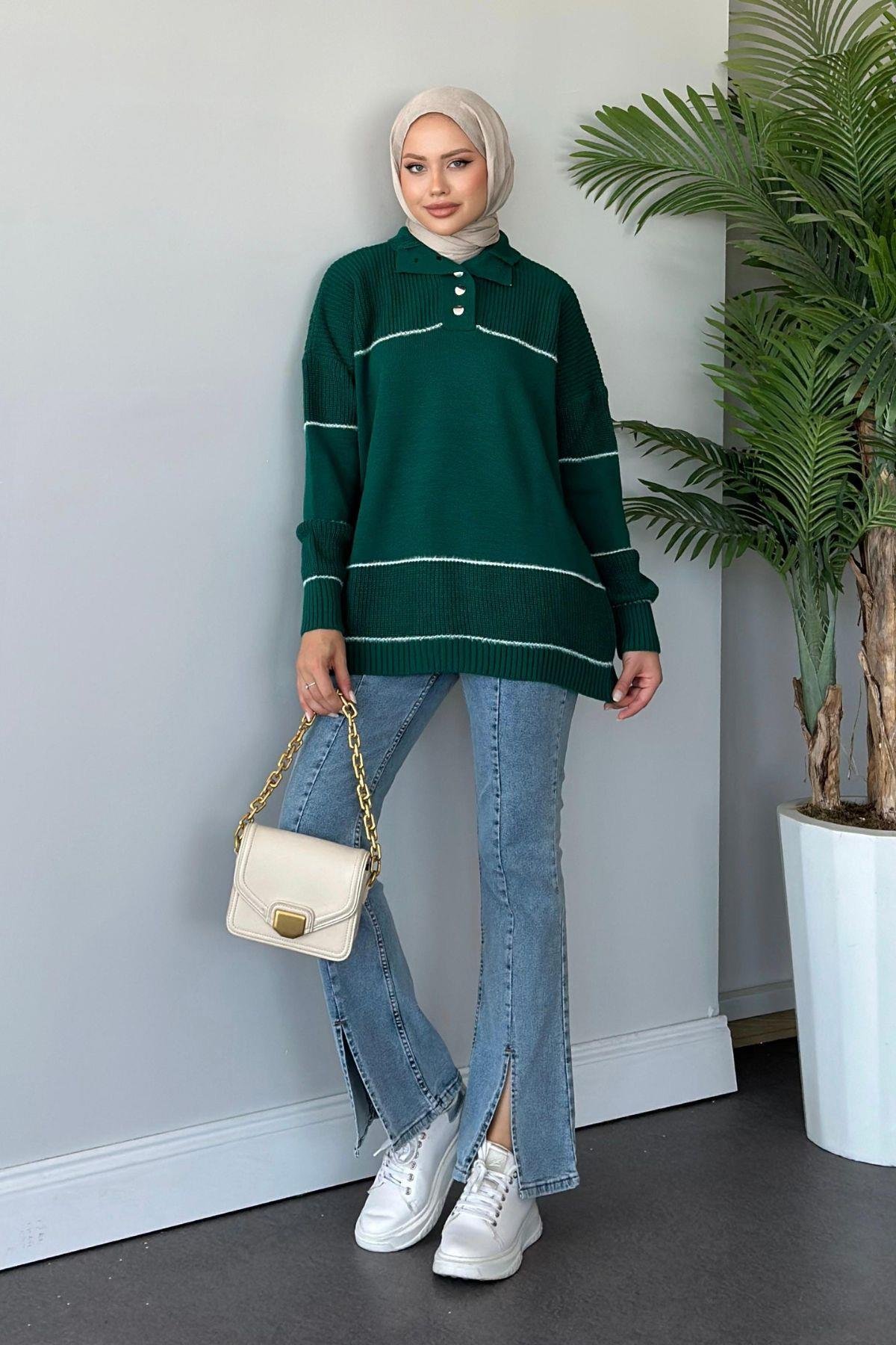 Önden Düğmeli Örme Triko Tunik Zümrüt, Fiyatları 