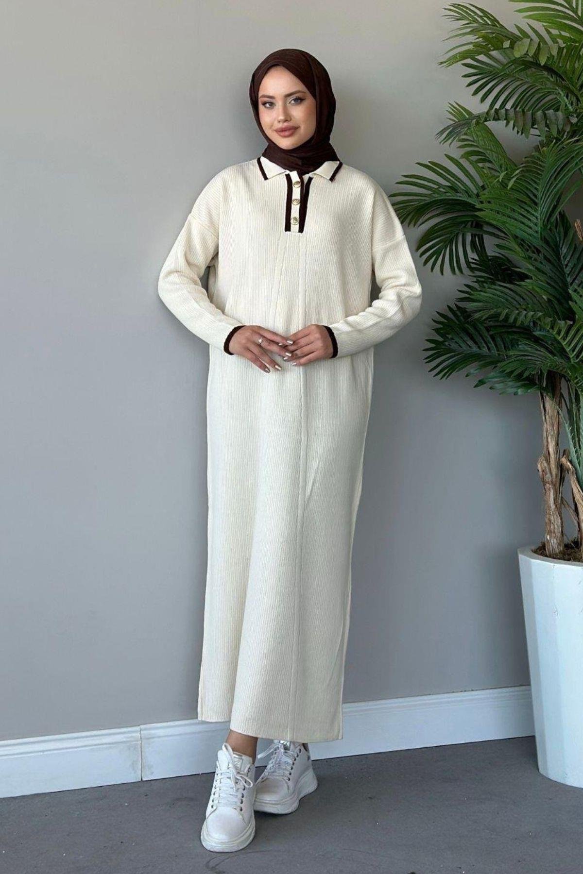 Önü Düğmeli Triko Elbise Bej, Fiyatları Haza Moda | Tesettür Giyim | Önü Düğmeli Triko Elbise Bej