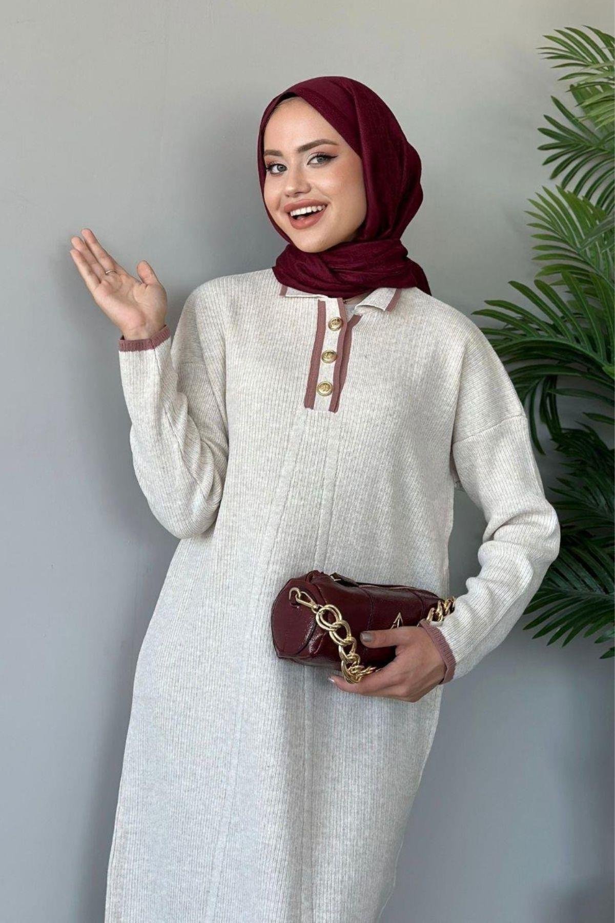 Önü Düğmeli Triko Elbise Bej, Fiyatları Haza Moda | Tesettür Giyim | Önü Düğmeli Triko Elbise Bej