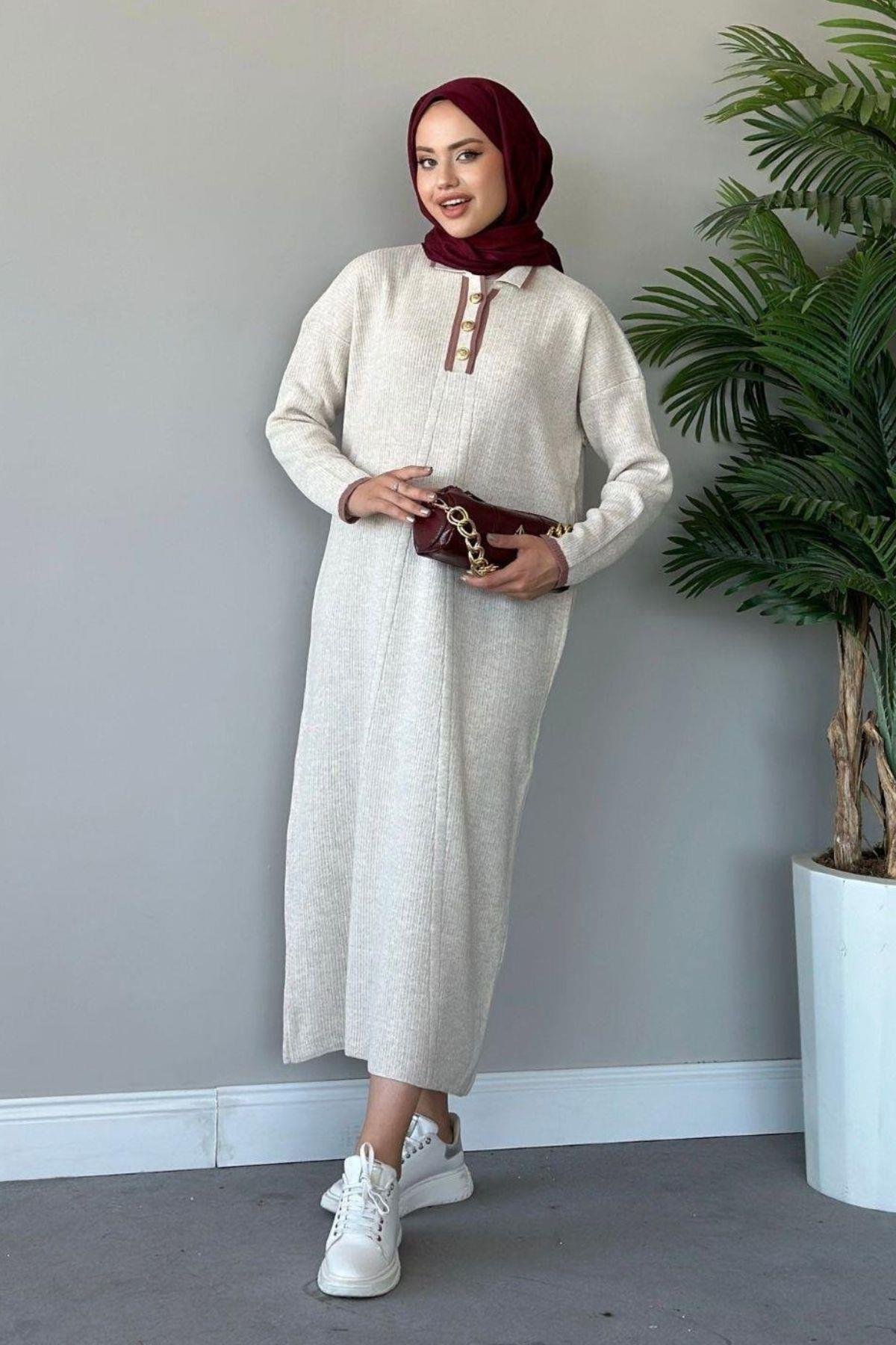 Önü Düğmeli Triko Elbise Bej, Fiyatları Haza Moda | Tesettür Giyim | Önü Düğmeli Triko Elbise Bej