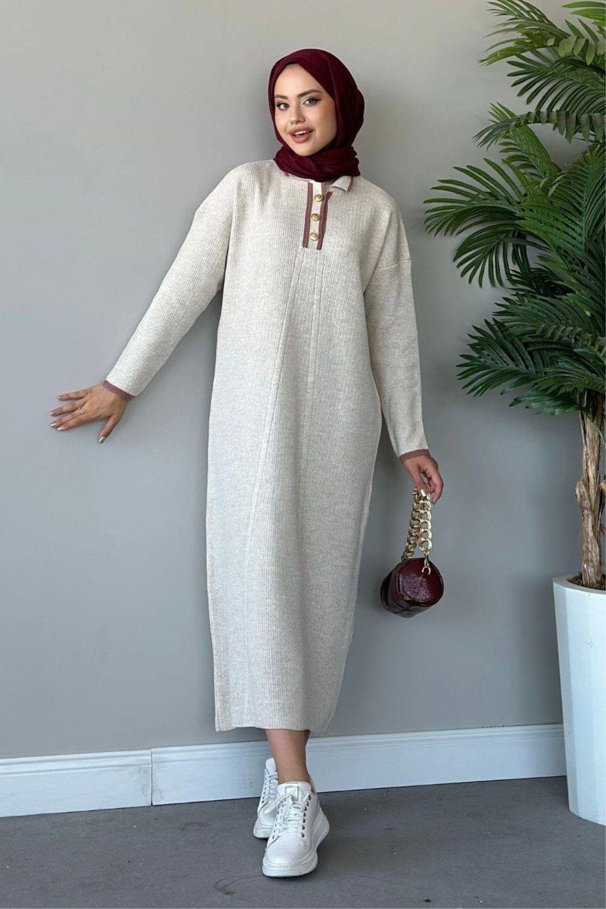 Önü Düğmeli Triko Elbise Bej, Fiyatları Haza Moda | Tesettür Giyim | Önü Düğmeli Triko Elbise Bej