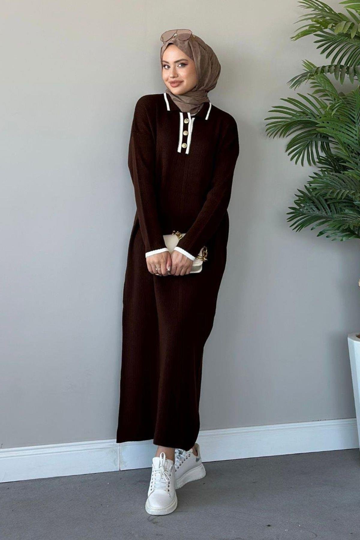 Önü Düğmeli Triko Elbise Kahve, Fiyatları Haza Moda | Tesettür Giyim | Önü Düğmeli Triko Elbise Kahve