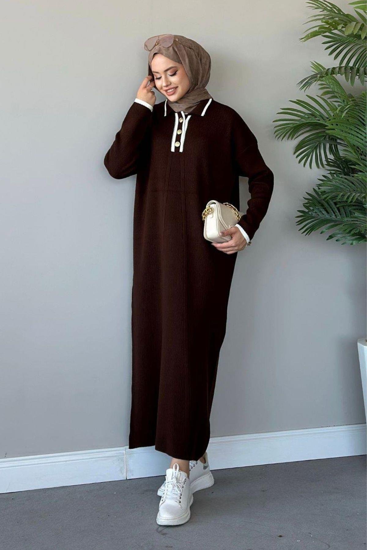 Önü Düğmeli Triko Elbise Kahve, Fiyatları Haza Moda | Tesettür Giyim | Önü Düğmeli Triko Elbise Kahve