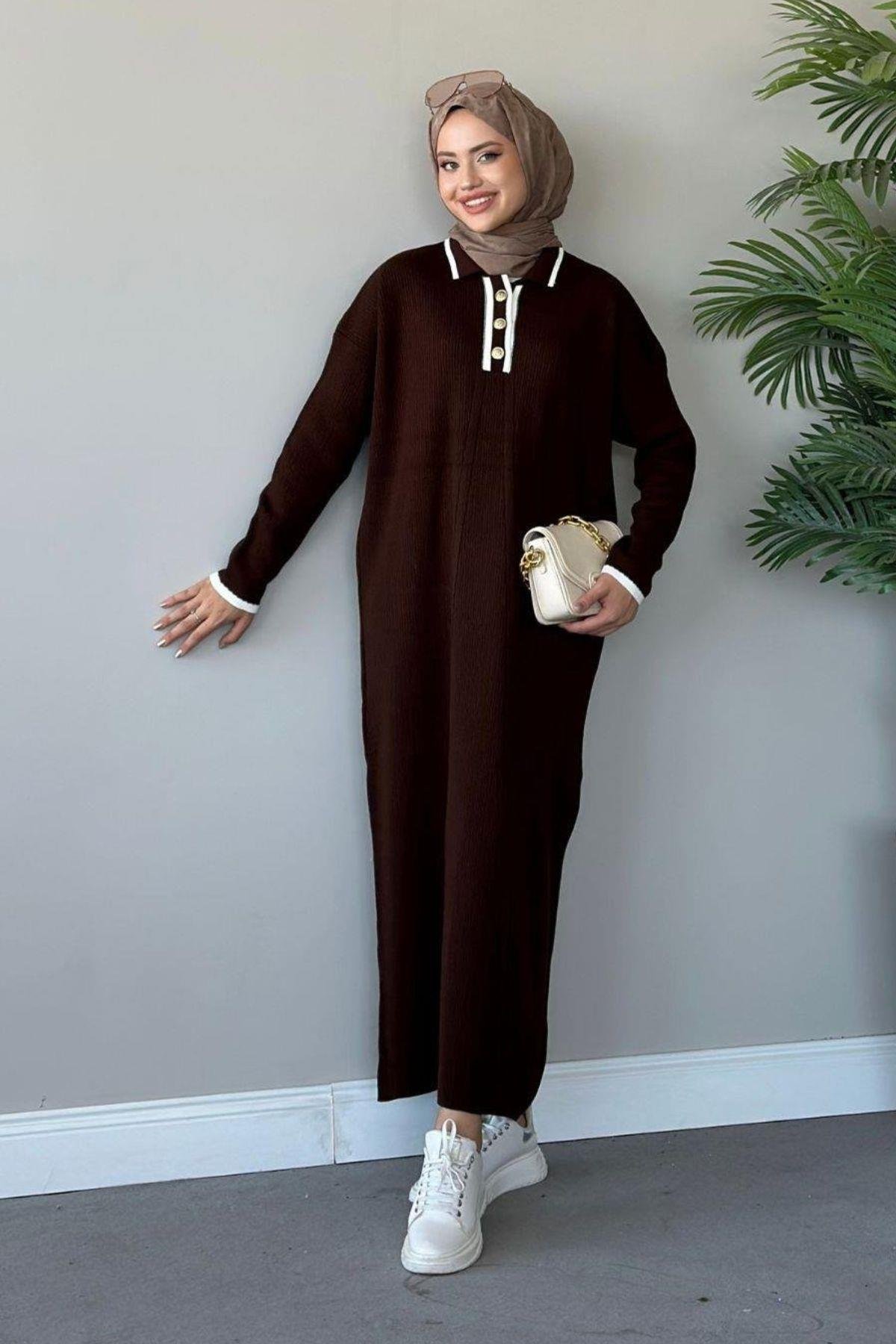 Önü Düğmeli Triko Elbise Kahve, Fiyatları Haza Moda | Tesettür Giyim | Önü Düğmeli Triko Elbise Kahve