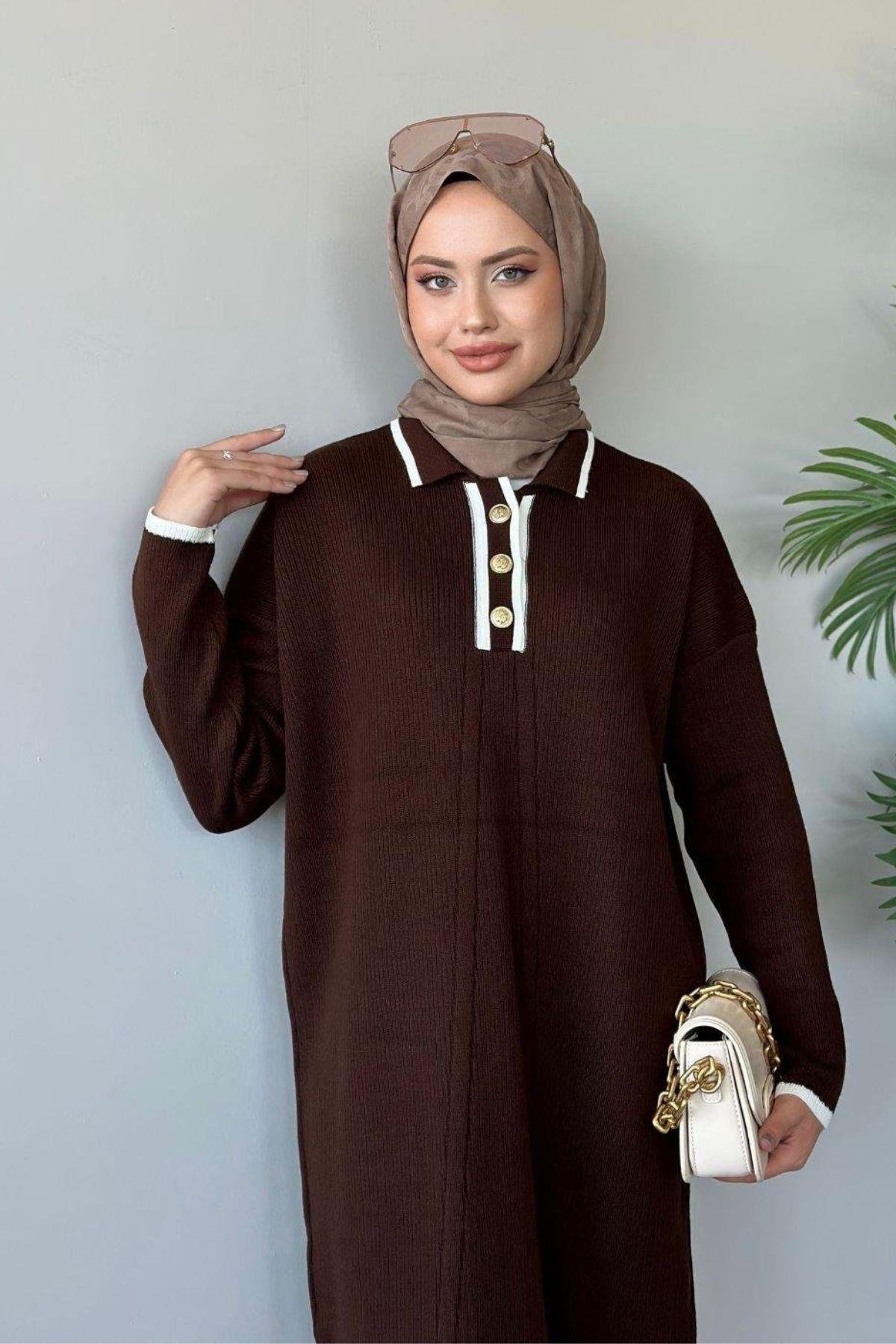Önü Düğmeli Triko Elbise Kahve, Fiyatları Haza Moda | Tesettür Giyim | Önü Düğmeli Triko Elbise Kahve