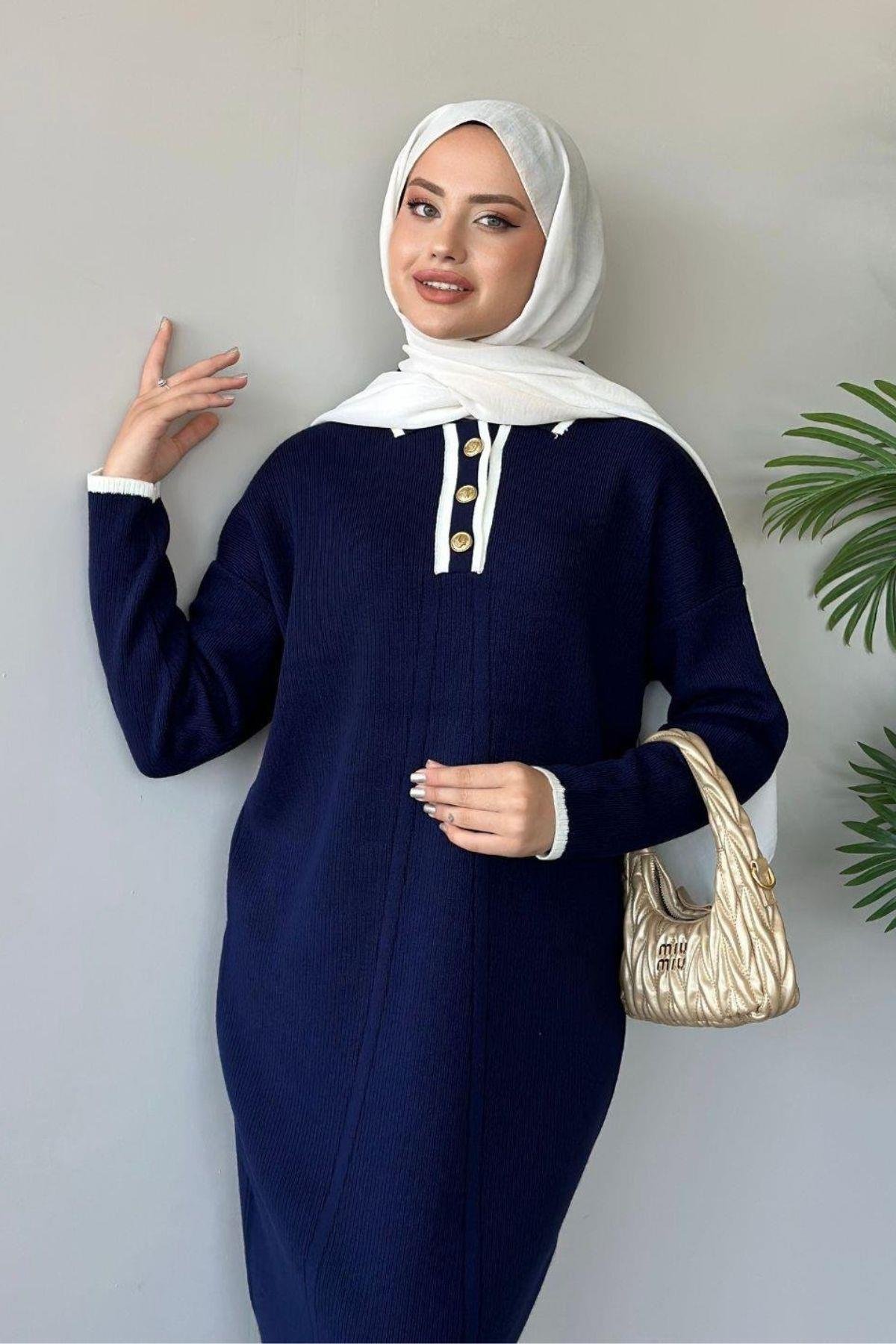 Önü Düğmeli Triko Elbise Lacivert, Fiyatları Haza Moda | Tesettür Giyim | Önü Düğmeli Triko Elbise Lacivert