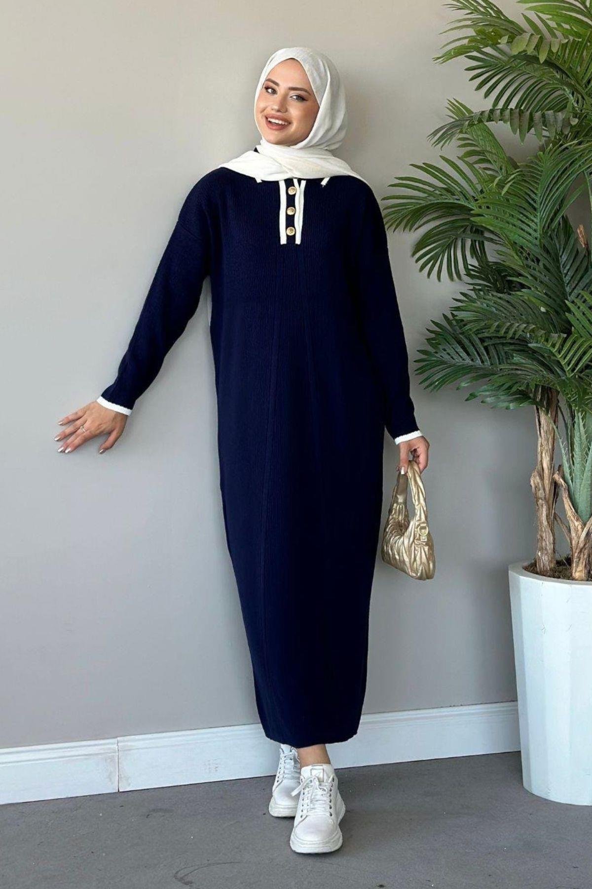 Önü Düğmeli Triko Elbise Lacivert, Fiyatları Haza Moda | Tesettür Giyim | Önü Düğmeli Triko Elbise Lacivert