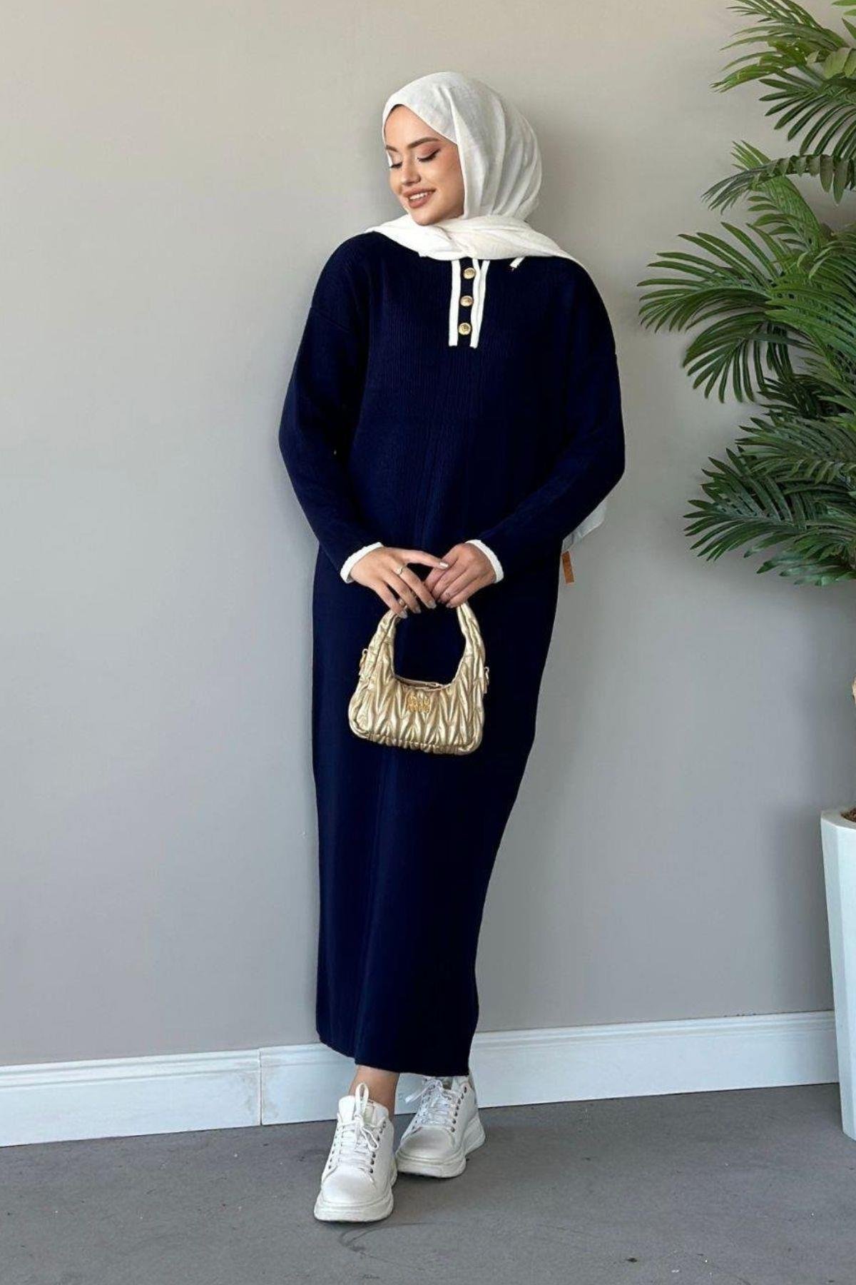 Önü Düğmeli Triko Elbise Lacivert, Fiyatları Haza Moda | Tesettür Giyim | Önü Düğmeli Triko Elbise Lacivert