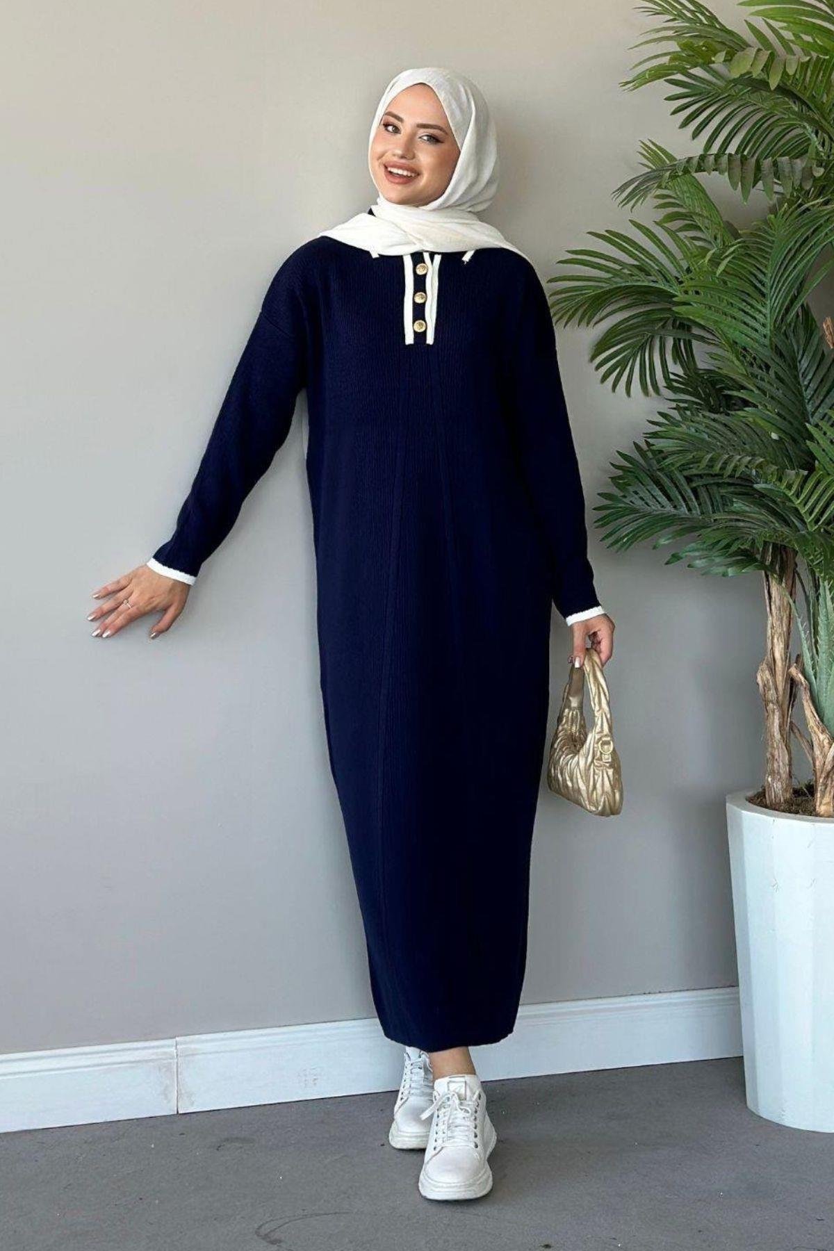 Önü Düğmeli Triko Elbise Lacivert, Fiyatları Haza Moda | Tesettür Giyim | Önü Düğmeli Triko Elbise Lacivert