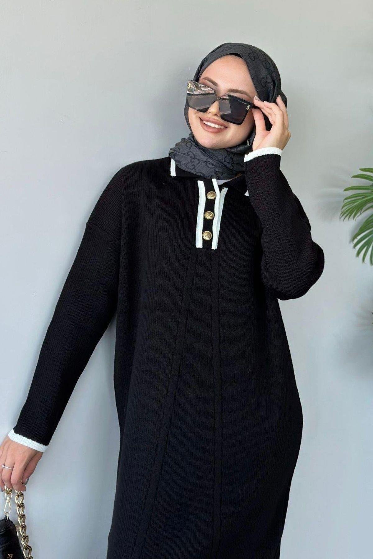 Önü Düğmeli Triko Elbise Siyah, Fiyatları Haza Moda | Tesettür Giyim | Önü Düğmeli Triko Elbise Siyah