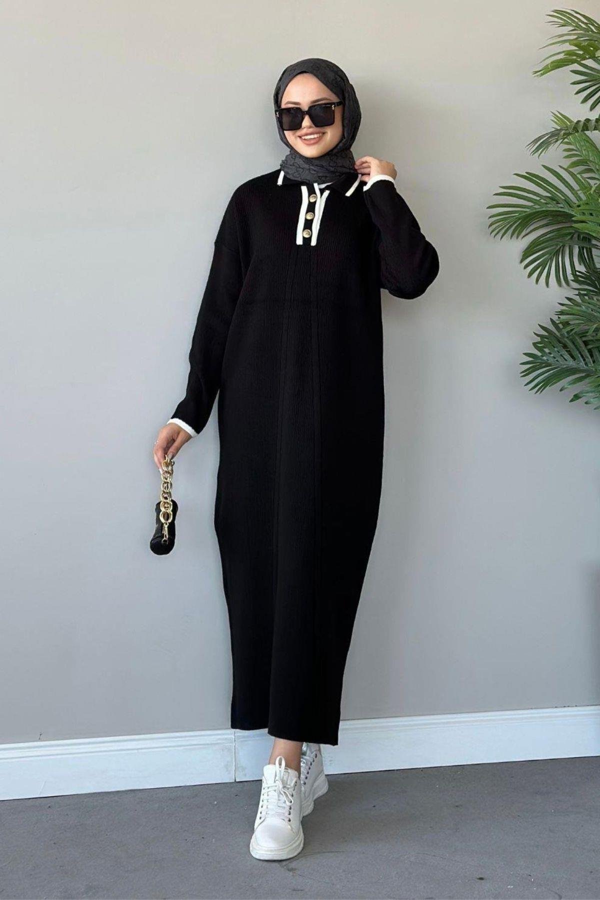 Önü Düğmeli Triko Elbise Siyah, Fiyatları Haza Moda | Tesettür Giyim | Önü Düğmeli Triko Elbise Siyah