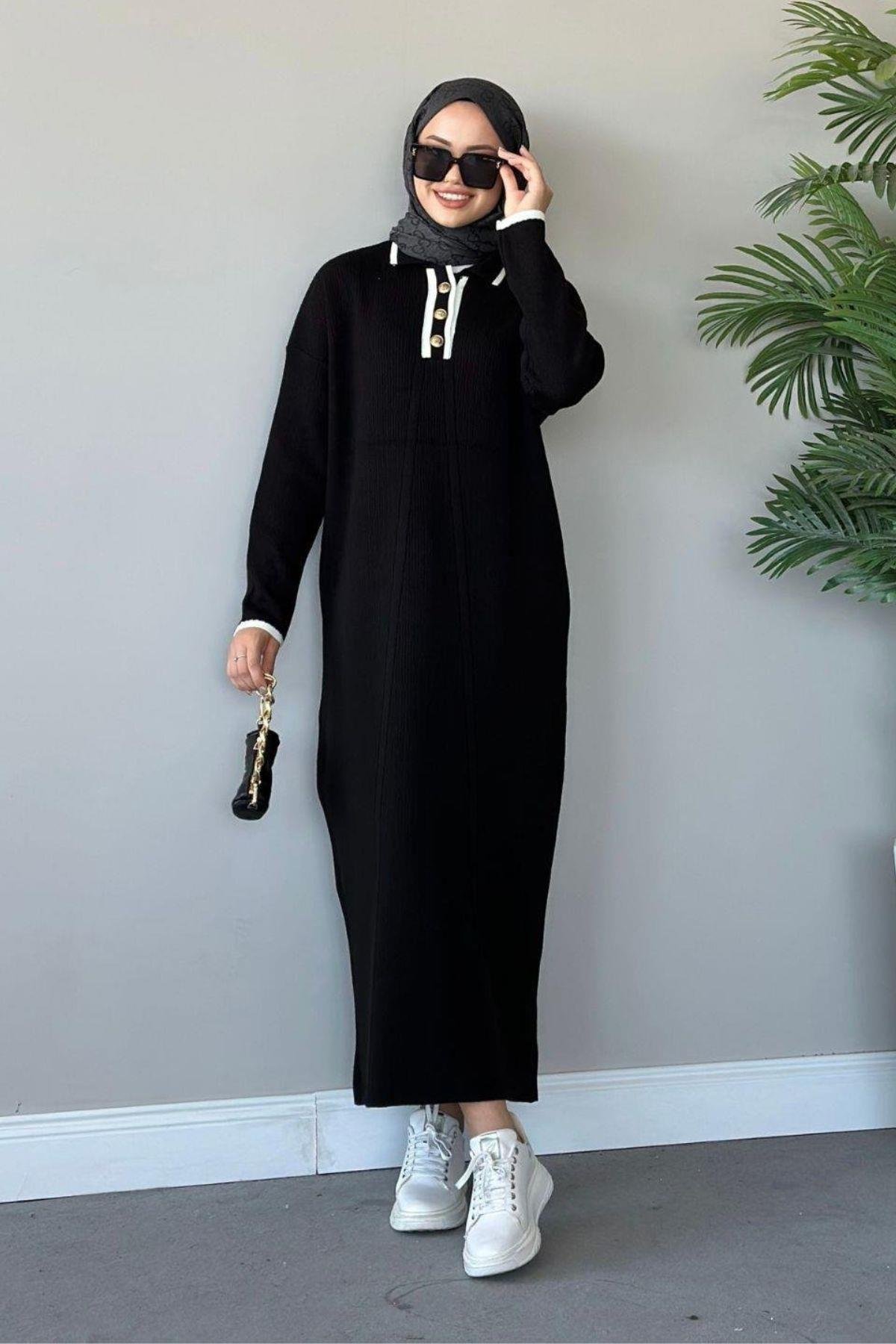 Önü Düğmeli Triko Elbise Siyah, Fiyatları Haza Moda | Tesettür Giyim | Önü Düğmeli Triko Elbise Siyah